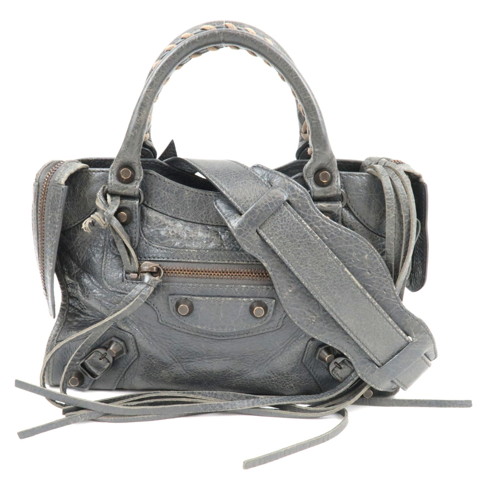 BALENCIAGA Classic Mini City 2Way Handbag Leather Gray 300295 *Strap, Mirror81606