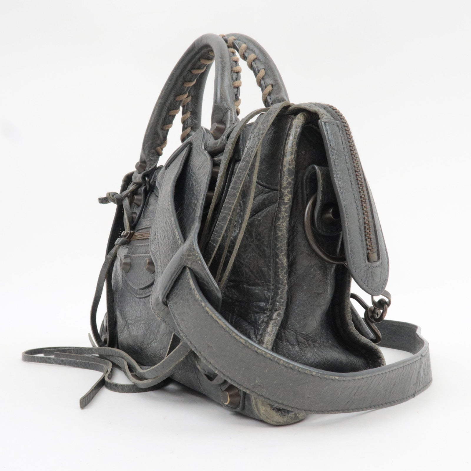 BALENCIAGA Classic Mini City 2Way Handbag Leather Gray 300295 *Strap, Mirror