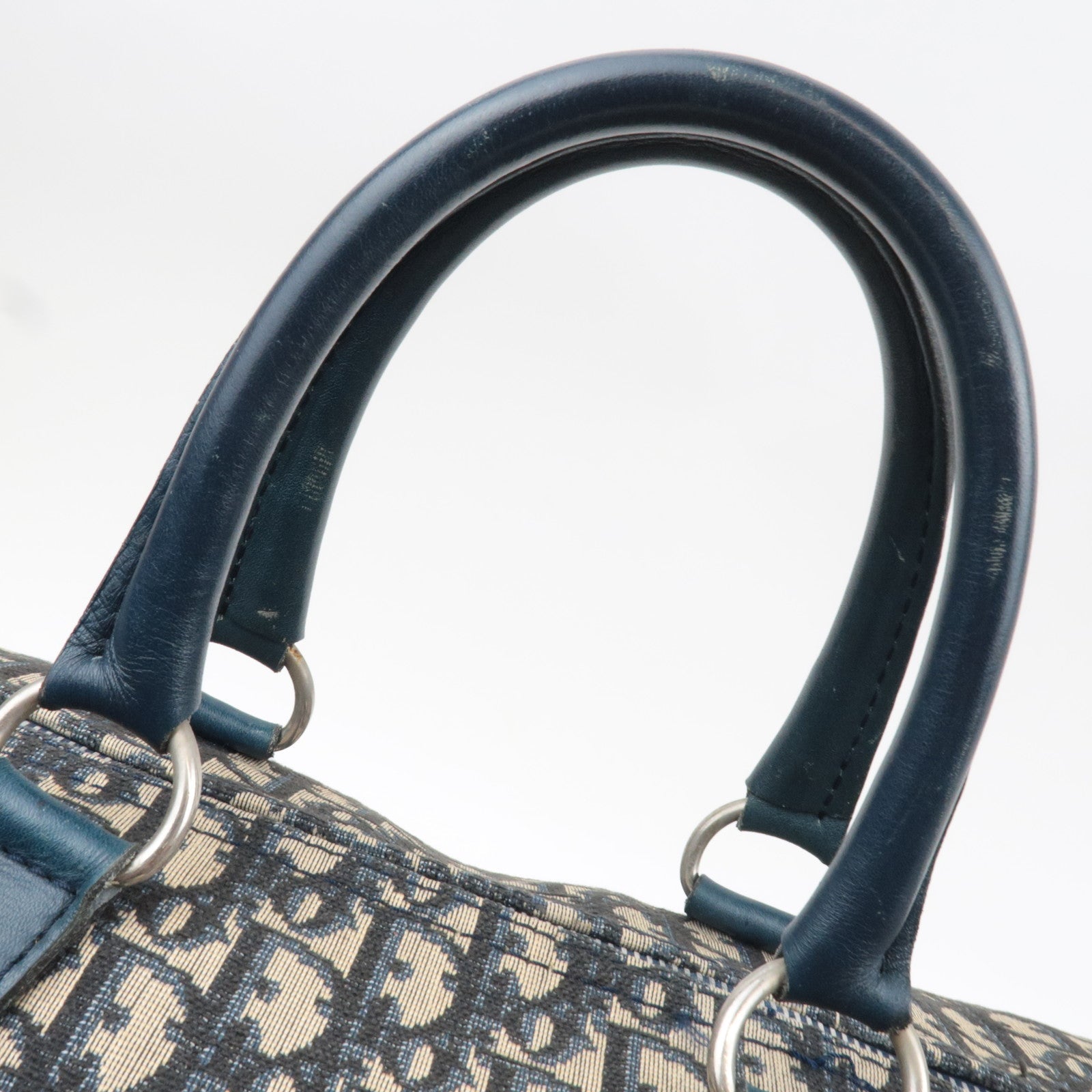 Christian Dior Trotter Boston Bag Canvas Leather Beige Navy