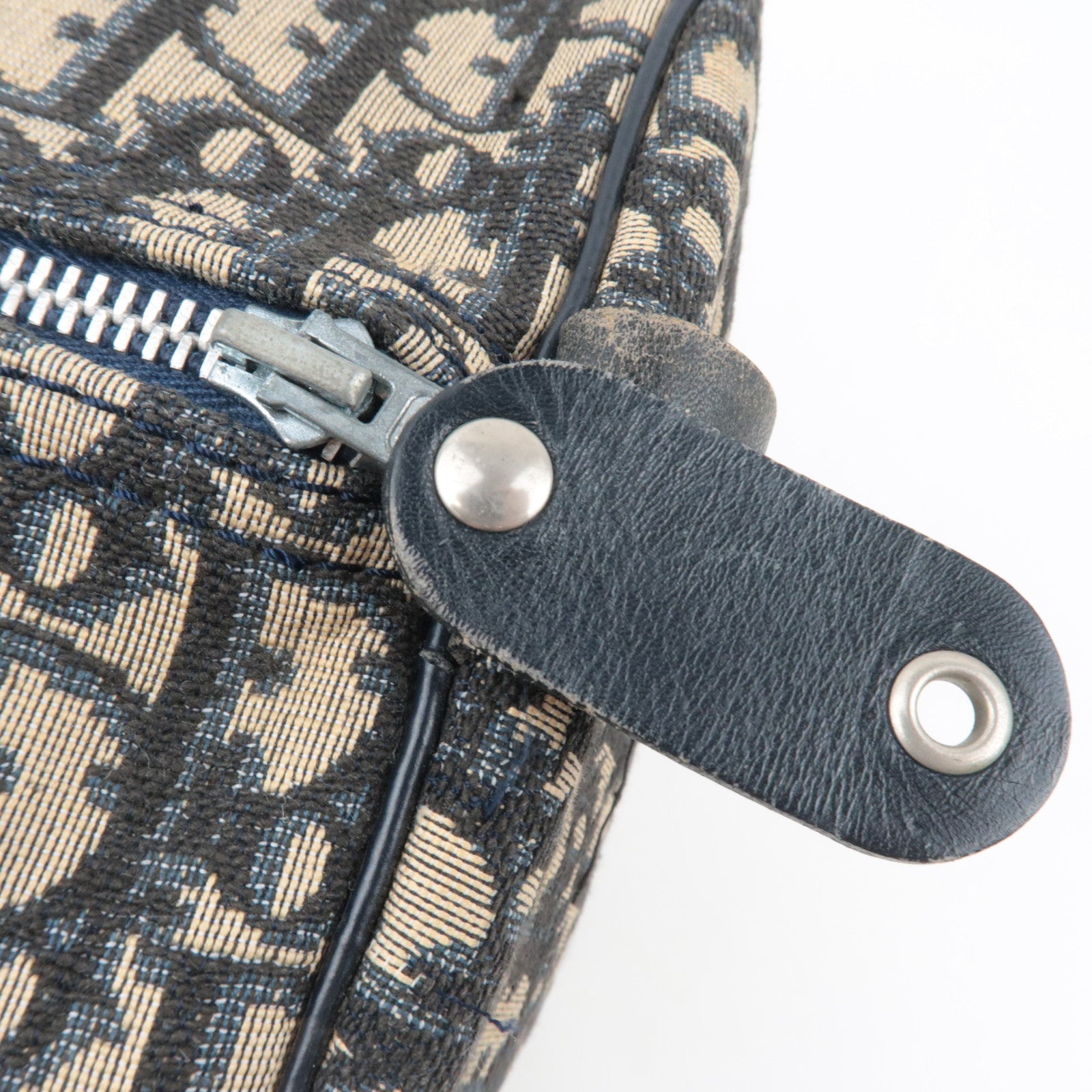 Christian Dior Trotter Boston Bag Canvas Leather Beige Navy