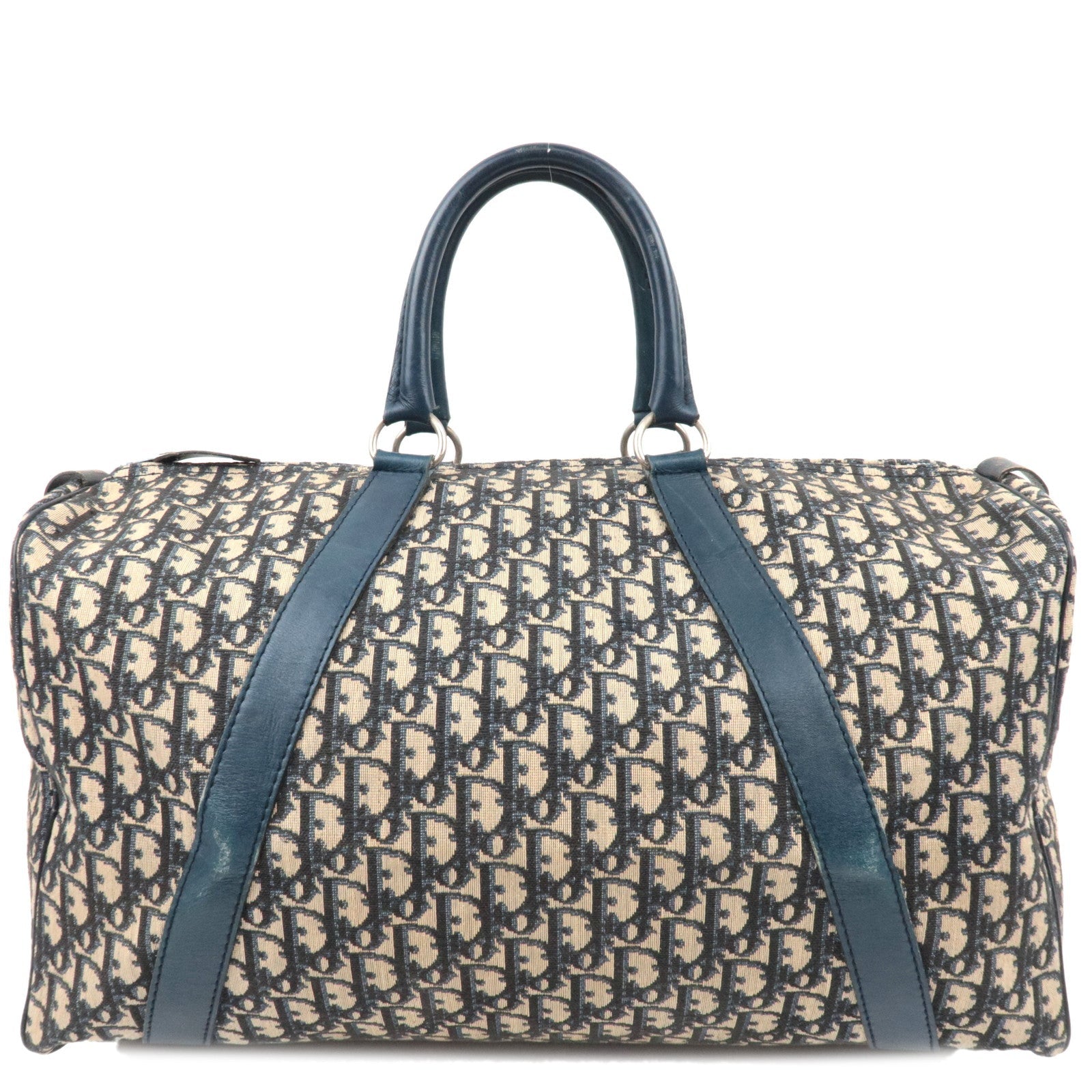 Christian Dior Trotter Boston Bag Canvas Leather Beige Navy81742