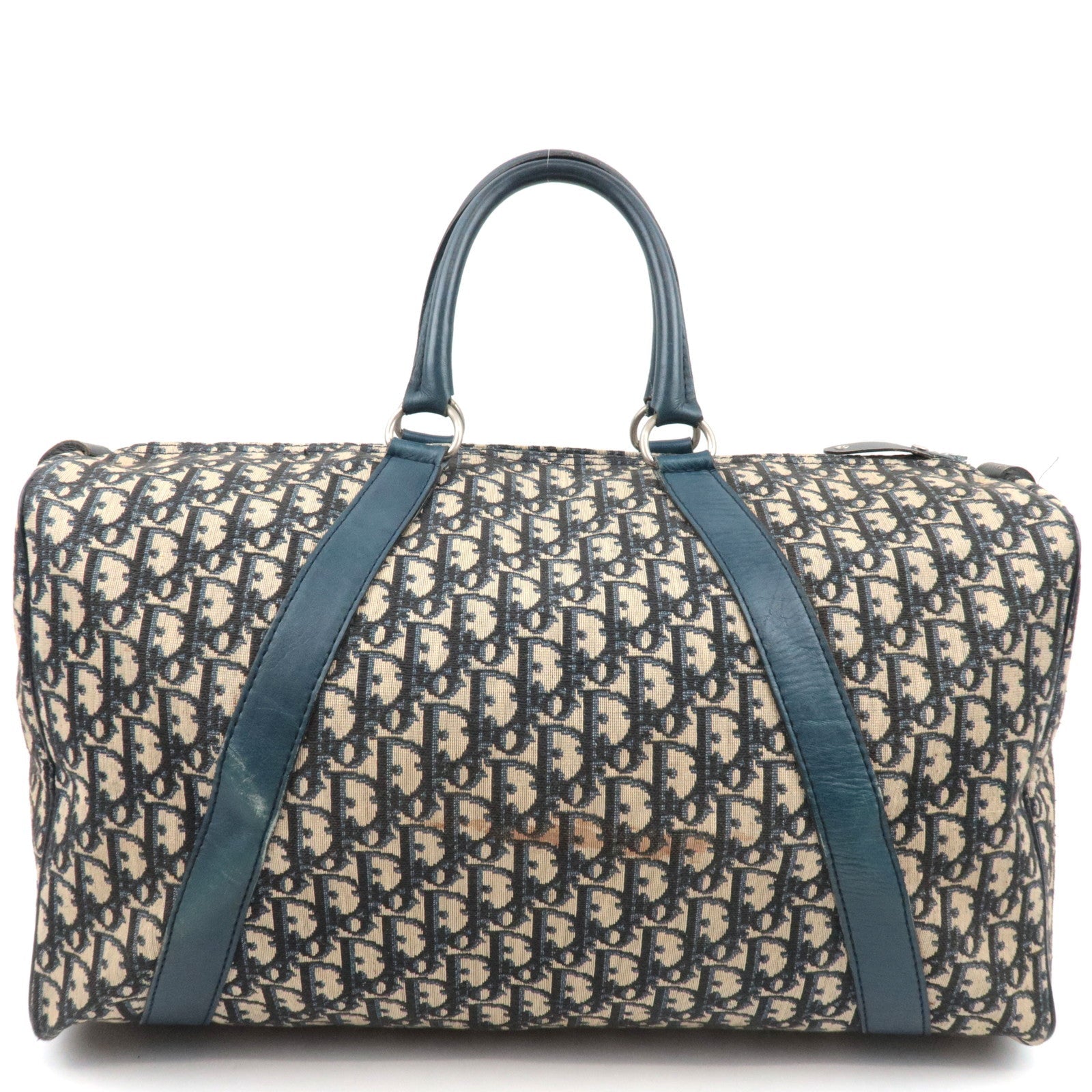 Christian Dior Trotter Boston Bag Canvas Leather Beige Navy