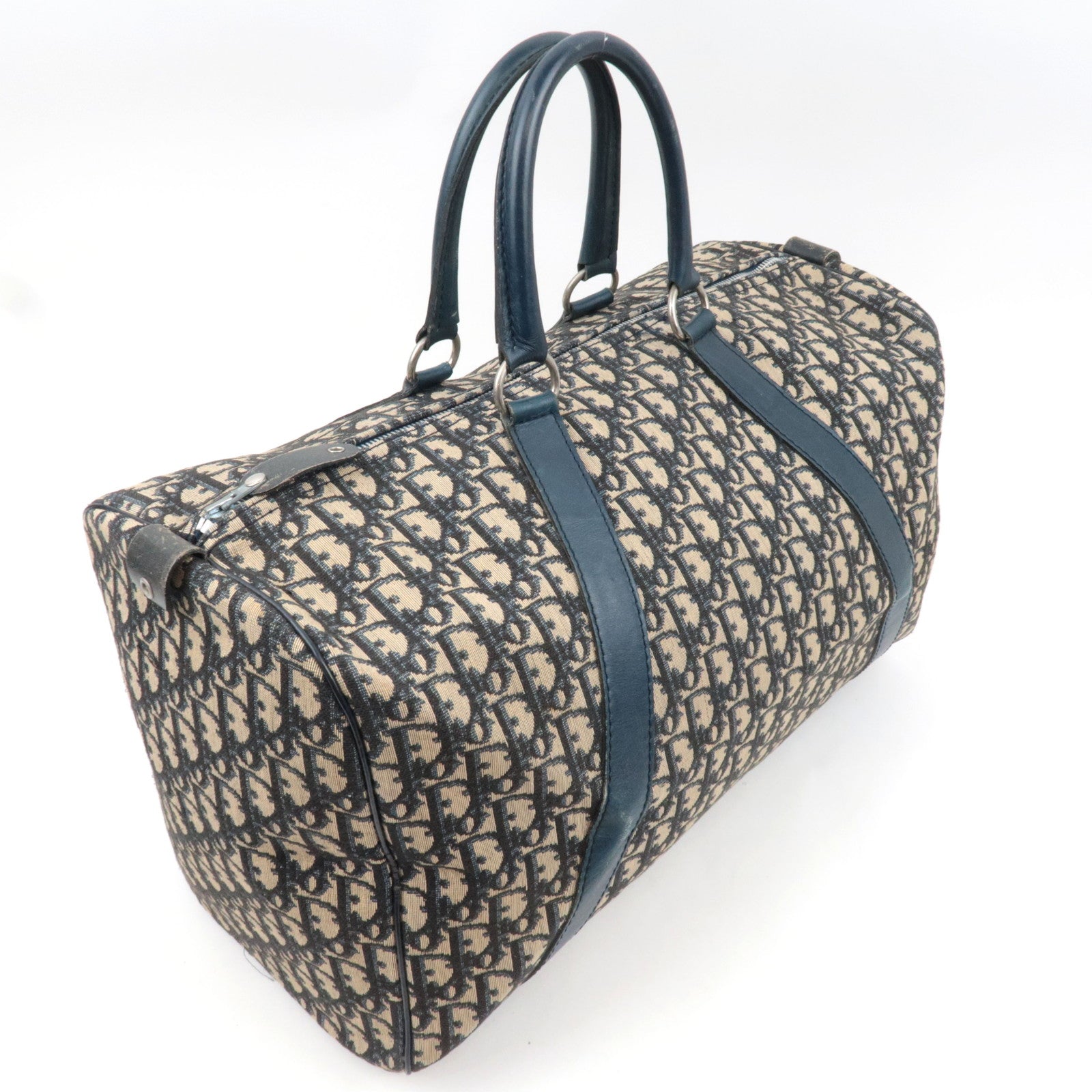 Christian Dior Trotter Boston Bag Canvas Leather Beige Navy