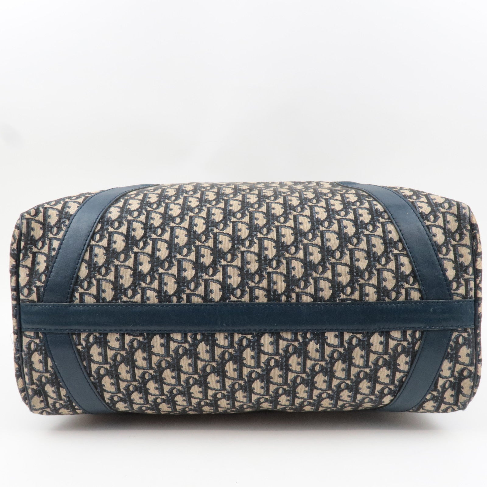 Christian Dior Trotter Boston Bag Canvas Leather Beige Navy