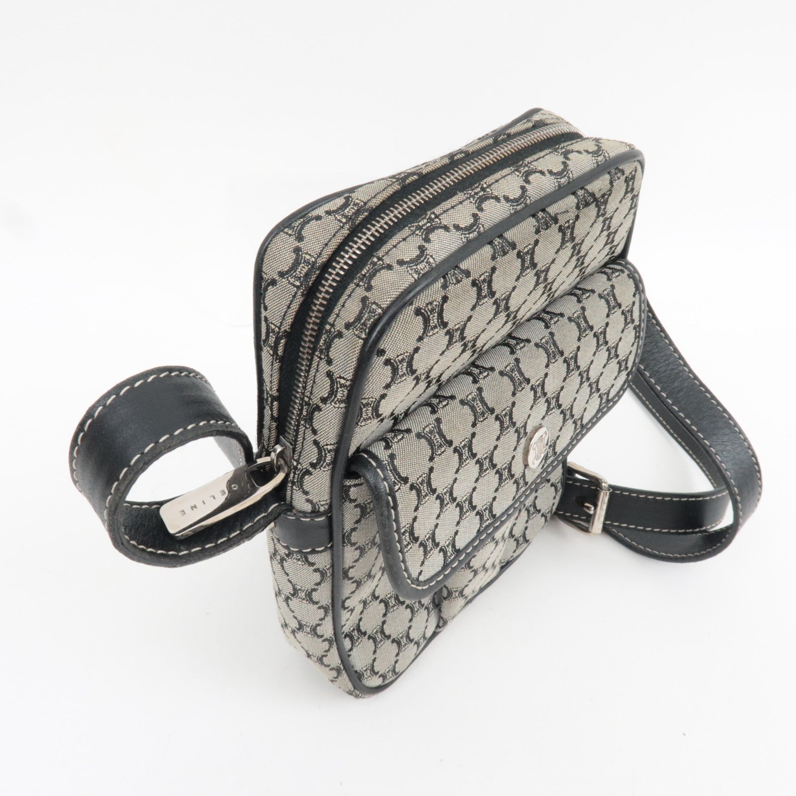 CELINE Macadam Shoulder Bag Canvas Leather Gray Navy