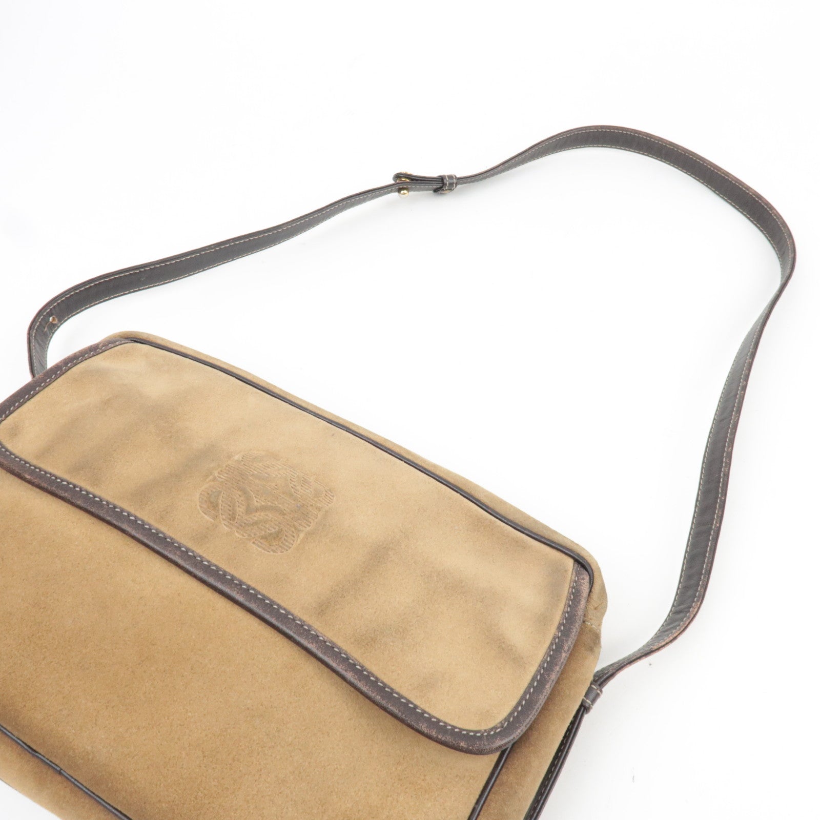 LOEWE Anagram Shoulder Bag Suede Leather Beige Brown