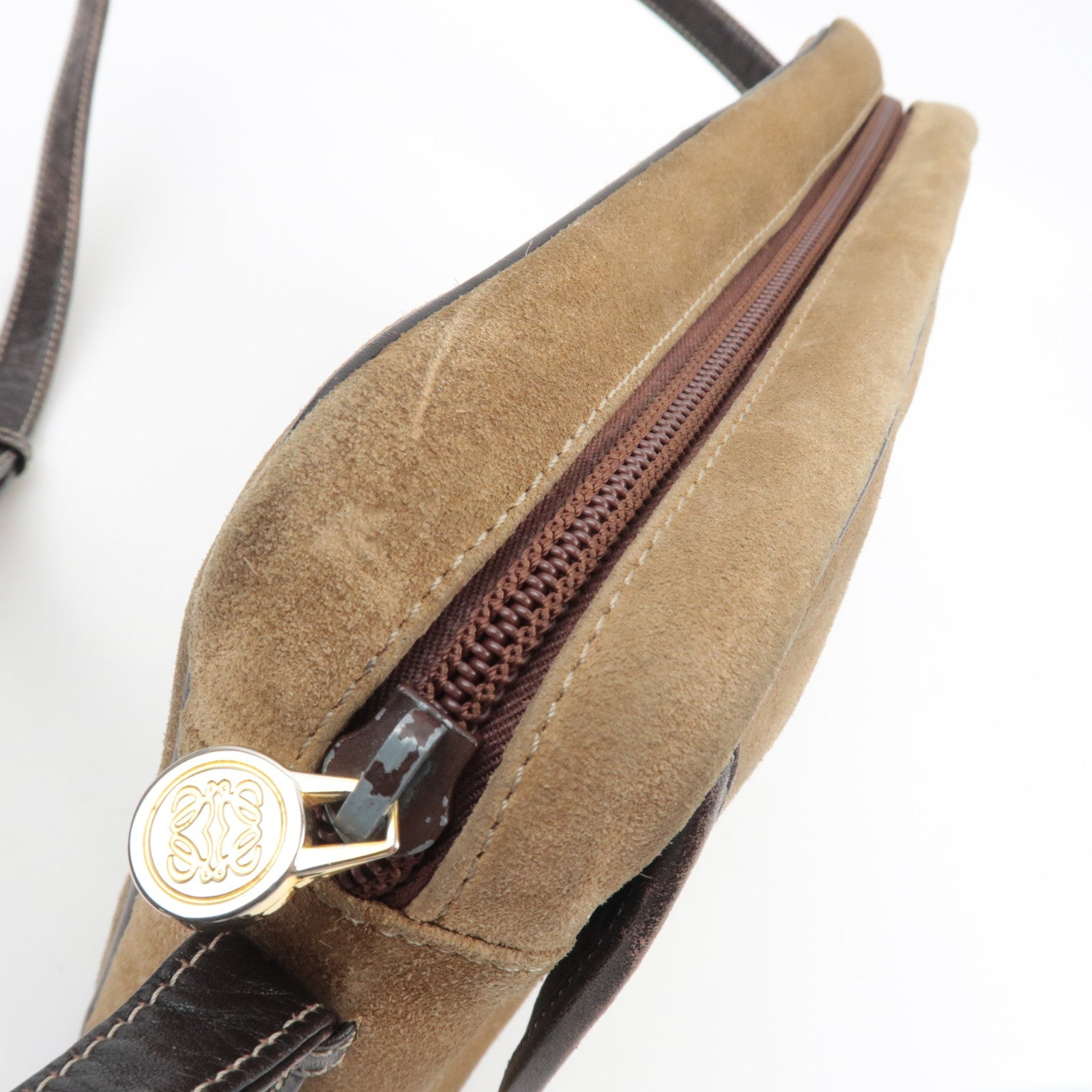 LOEWE Anagram Shoulder Bag Suede Leather Beige Brown