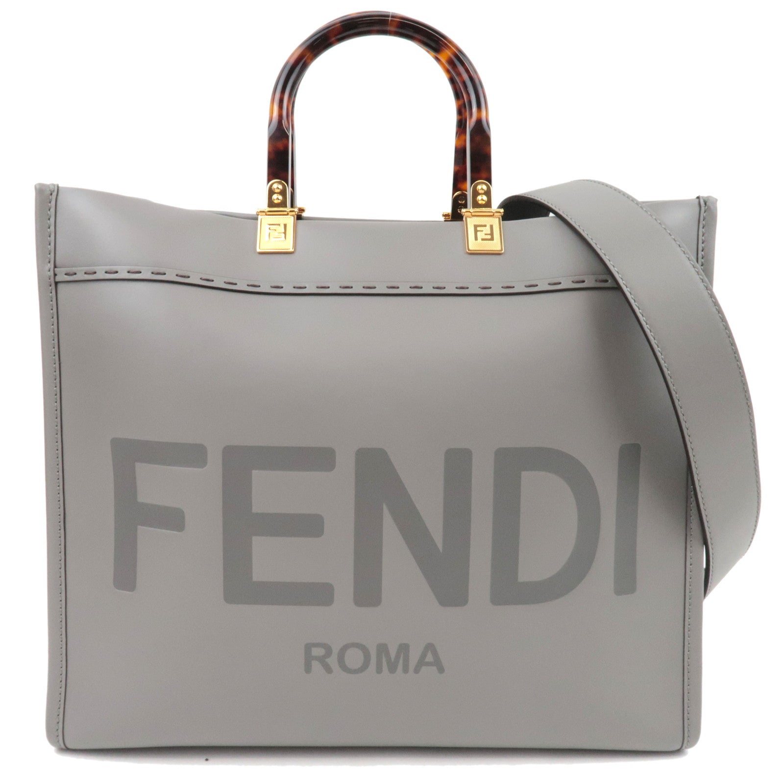 FENDI Sunshine Medium Tote Bag Leather Gray 8BH386 *Strap81767