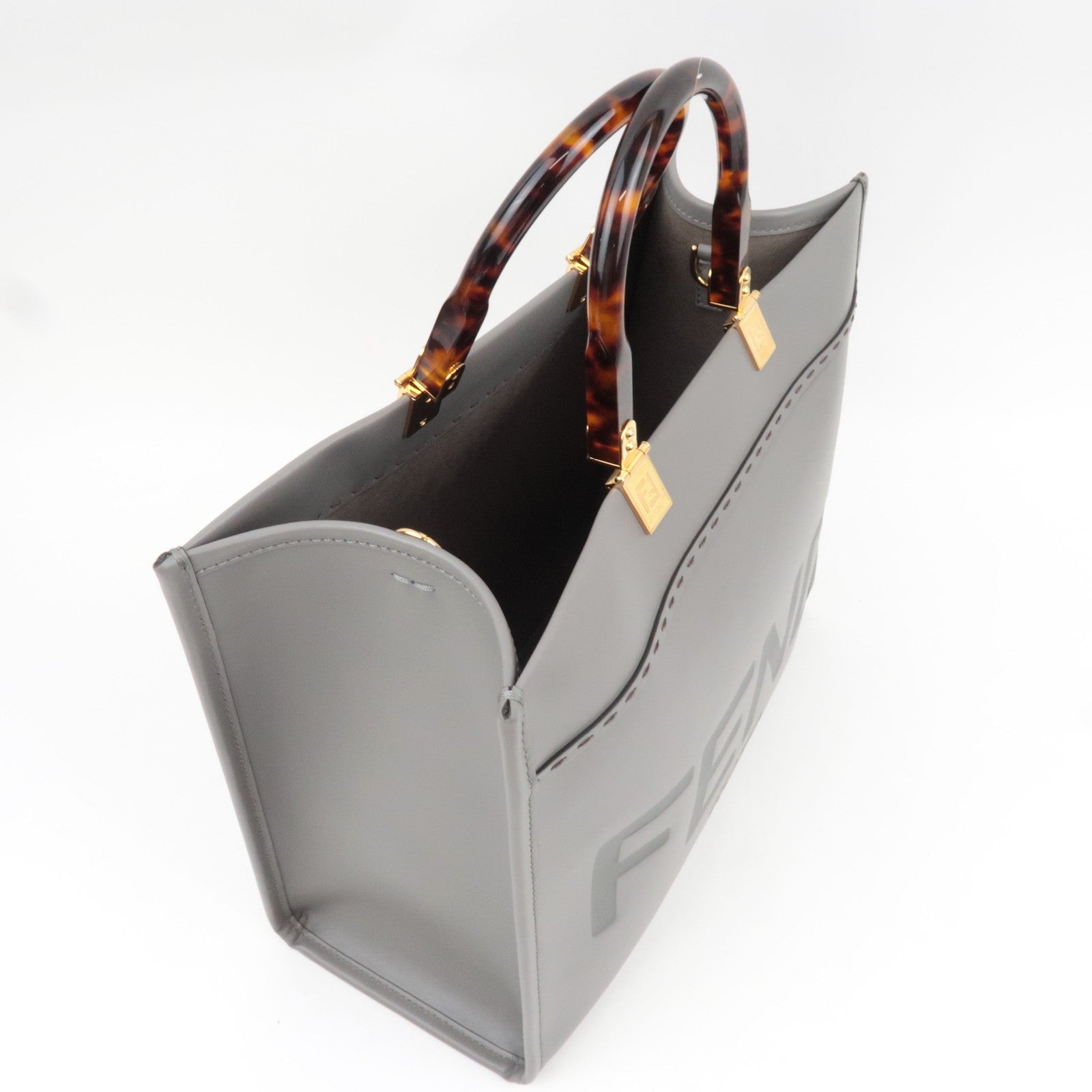 FENDI Sunshine Medium Tote Bag Leather Gray 8BH386 *Strap