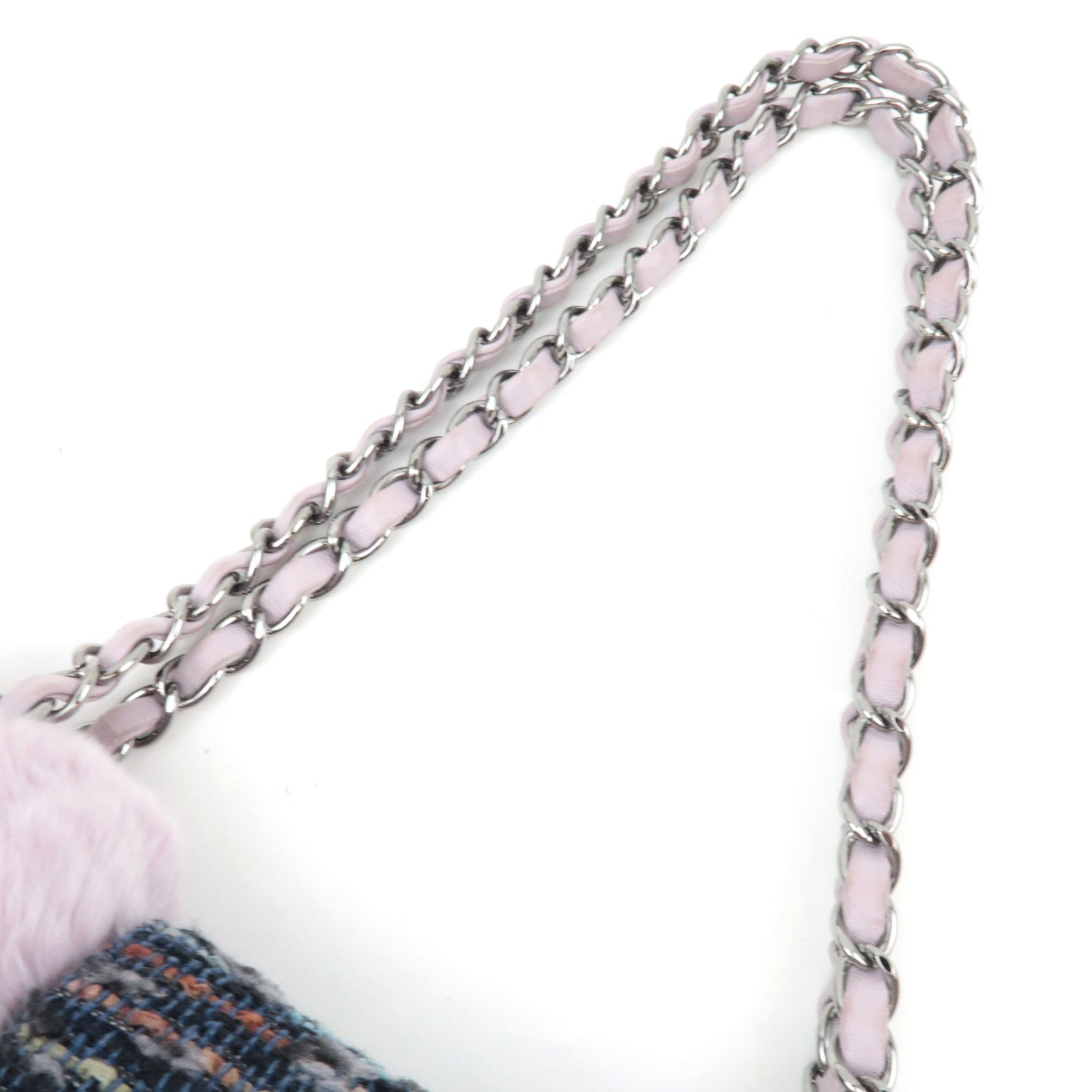 CHANEL Single Flap Fur Tweed Chain Shoulder Bag Lilac Silver HDW 10083518 *Box, Dust bag, G card