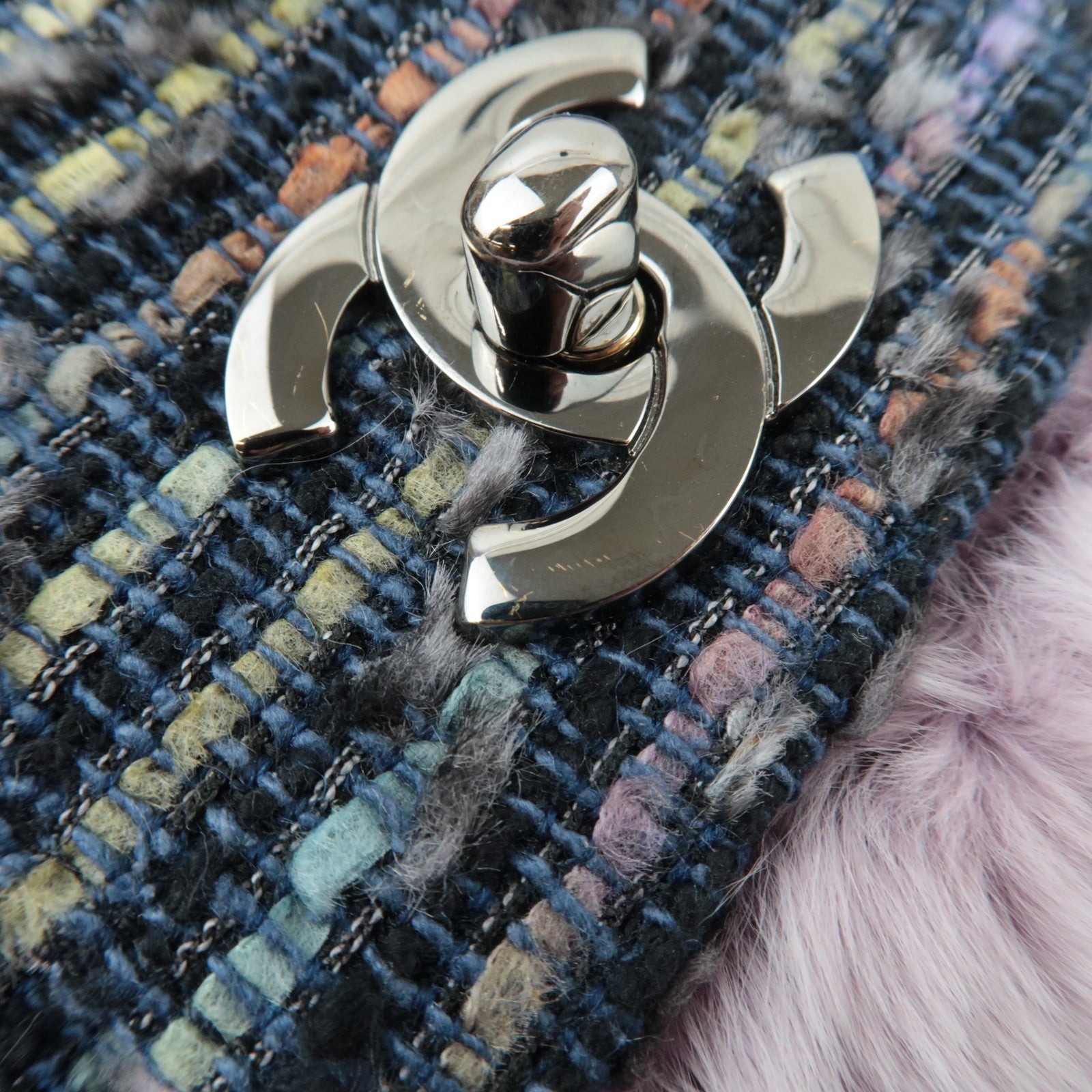 CHANEL Single Flap Fur Tweed Chain Shoulder Bag Lilac Silver HDW 10083518 *Box, Dust bag, G card