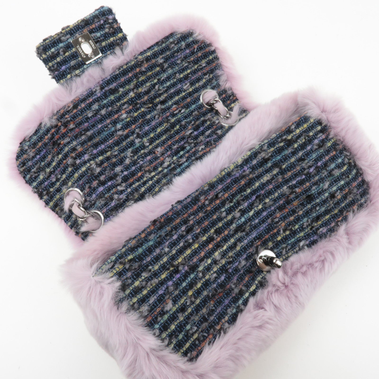 CHANEL Single Flap Fur Tweed Chain Shoulder Bag Lilac Silver HDW 10083518 *Box, Dust bag, G card
