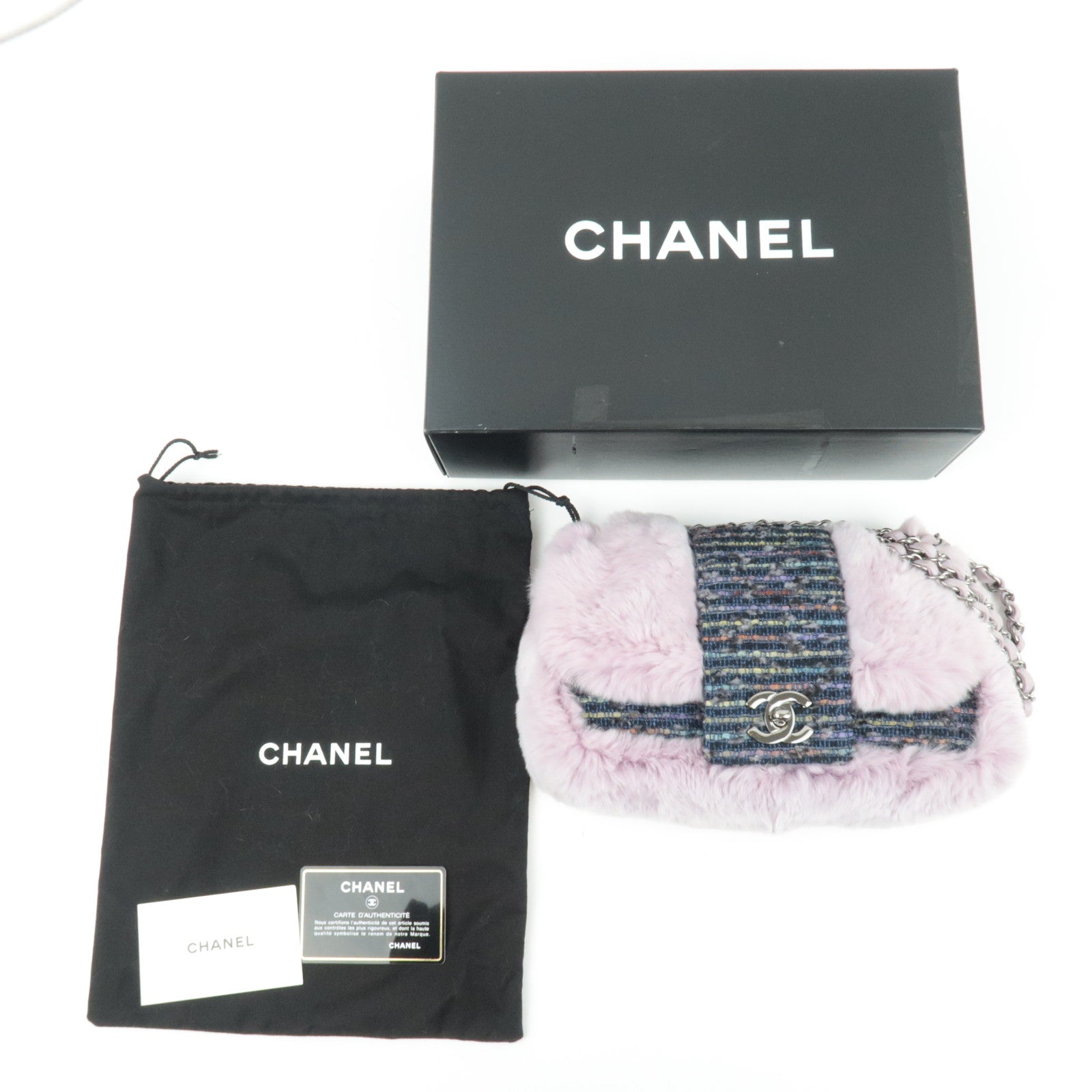 CHANEL Single Flap Fur Tweed Chain Shoulder Bag Lilac Silver HDW 10083518 *Box, Dust bag, G card