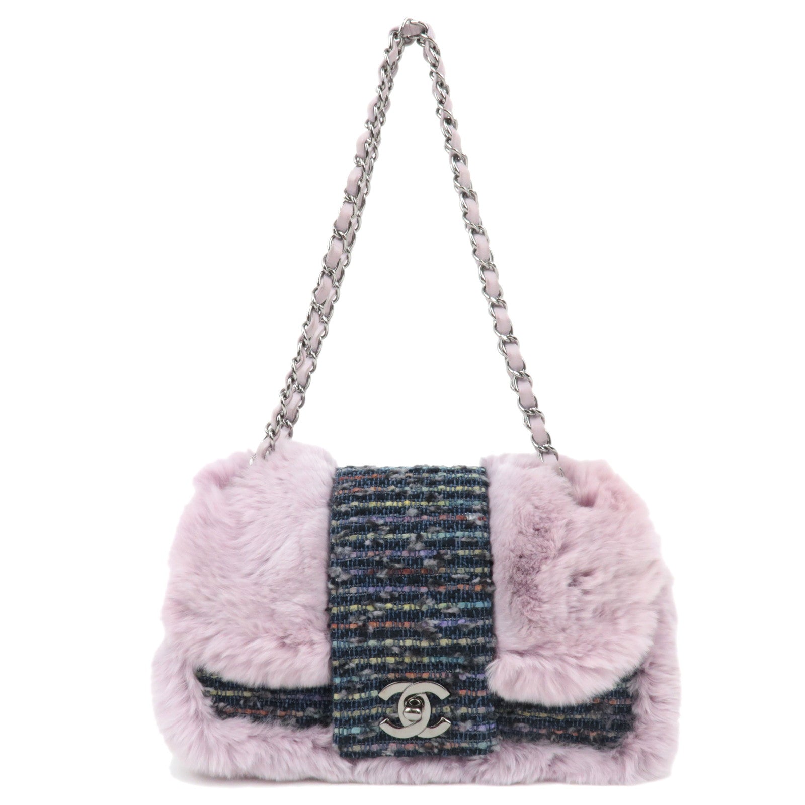 CHANEL Single Flap Fur Tweed Chain Shoulder Bag Lilac Silver HDW 10083518 *Box, Dust bag, G card81842