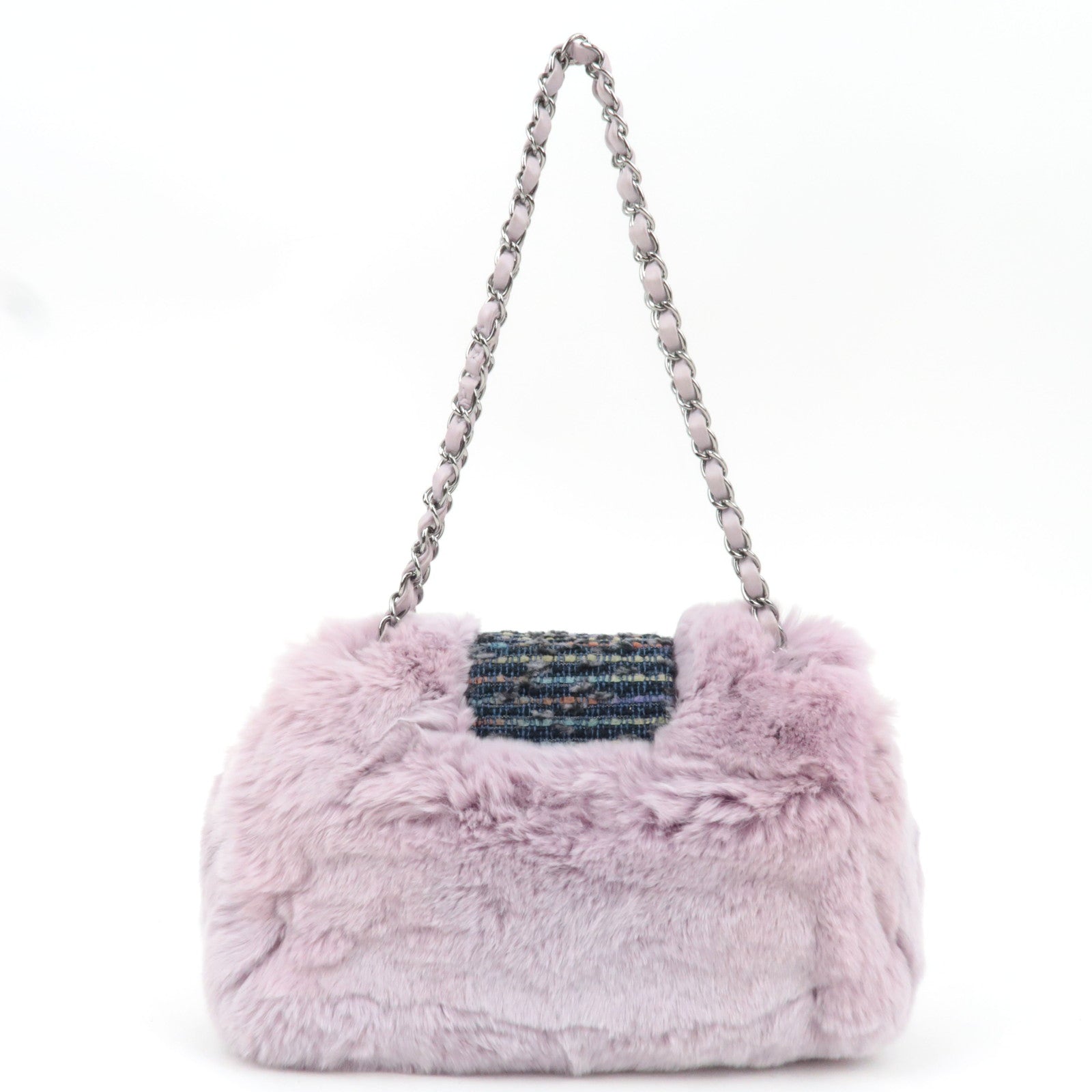CHANEL Single Flap Fur Tweed Chain Shoulder Bag Lilac Silver HDW 10083518 *Box, Dust bag, G card