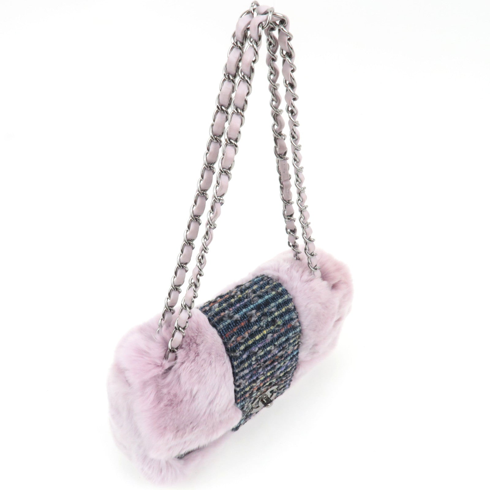 CHANEL Single Flap Fur Tweed Chain Shoulder Bag Lilac Silver HDW 10083518 *Box, Dust bag, G card