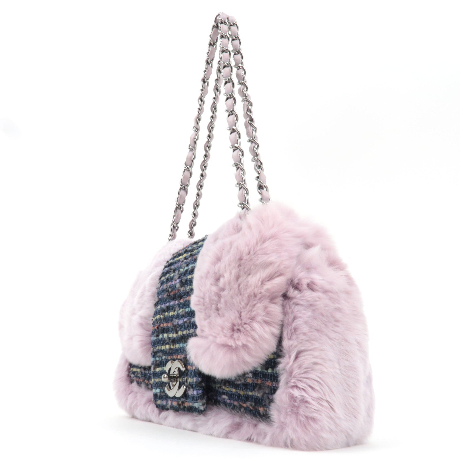 CHANEL Single Flap Fur Tweed Chain Shoulder Bag Lilac Silver HDW 10083518 *Box, Dust bag, G card