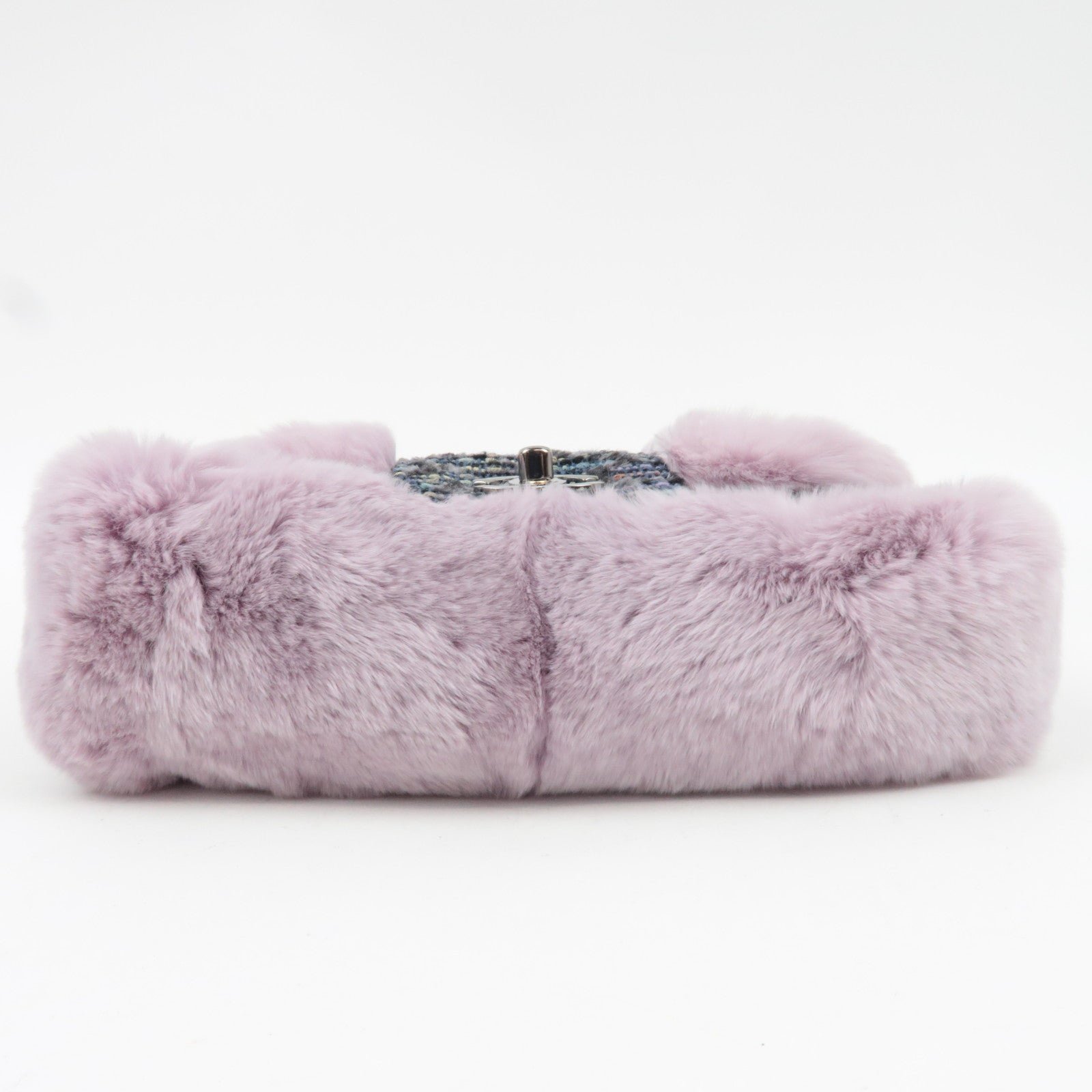 CHANEL Single Flap Fur Tweed Chain Shoulder Bag Lilac Silver HDW 10083518 *Box, Dust bag, G card