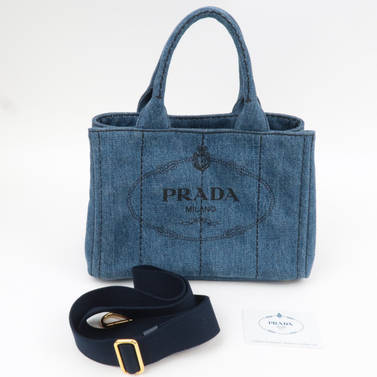 PRADA Canapa Mini 2Way Tote Bag Denim Blue 1BG439 *Strap, G card