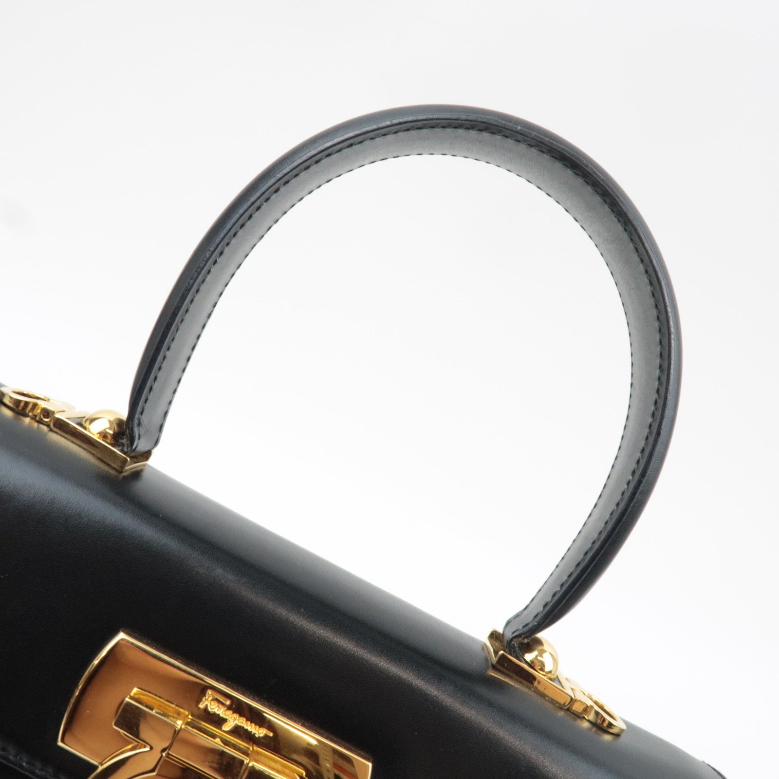 Ferragamo Gancini 2Way Handbag Leather Black Gold HDW *Strap