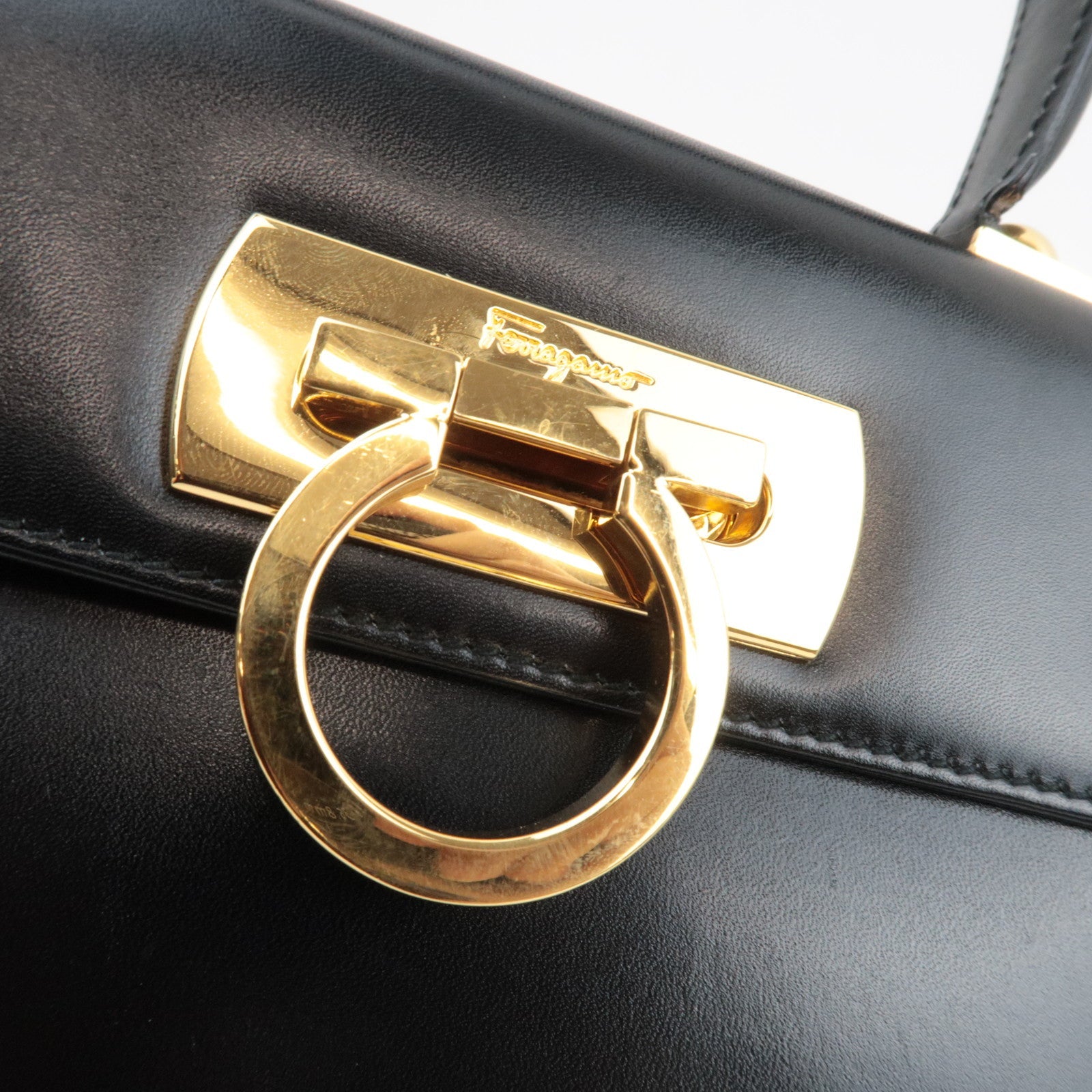 Ferragamo Gancini 2Way Handbag Leather Black Gold HDW *Strap