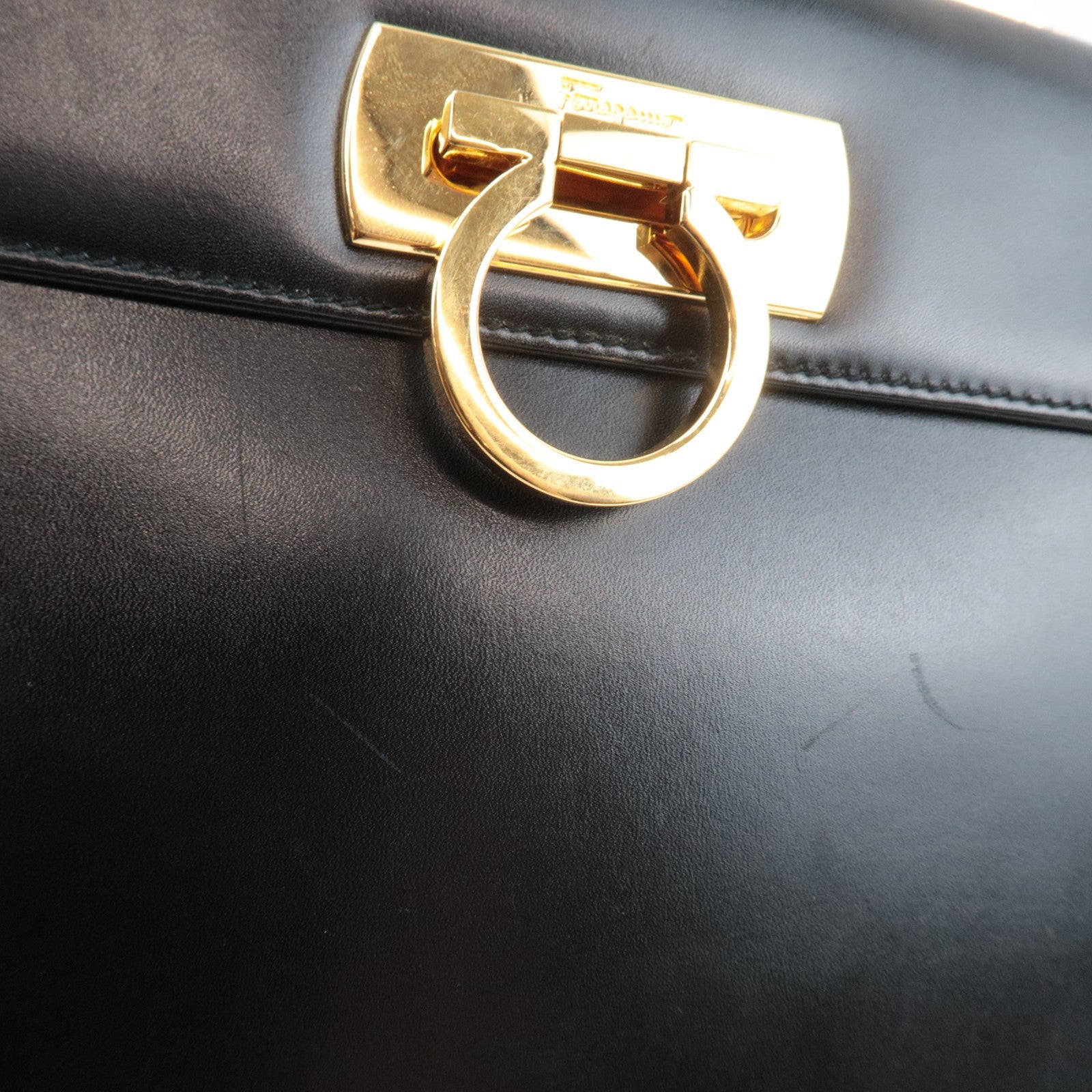 Ferragamo Gancini 2Way Handbag Leather Black Gold HDW *Strap