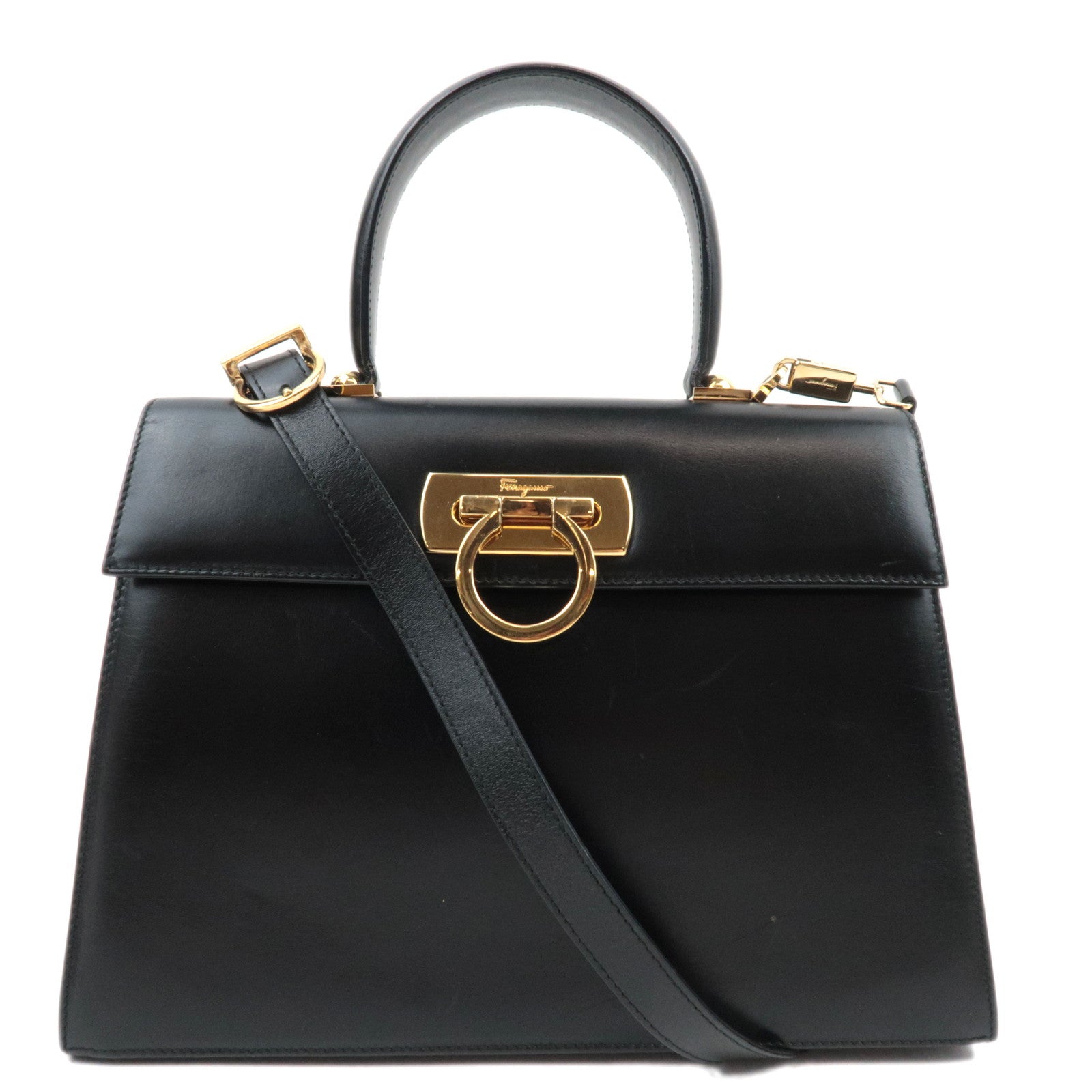 Ferragamo Gancini 2Way Handbag Leather Black Gold HDW *Strap82050