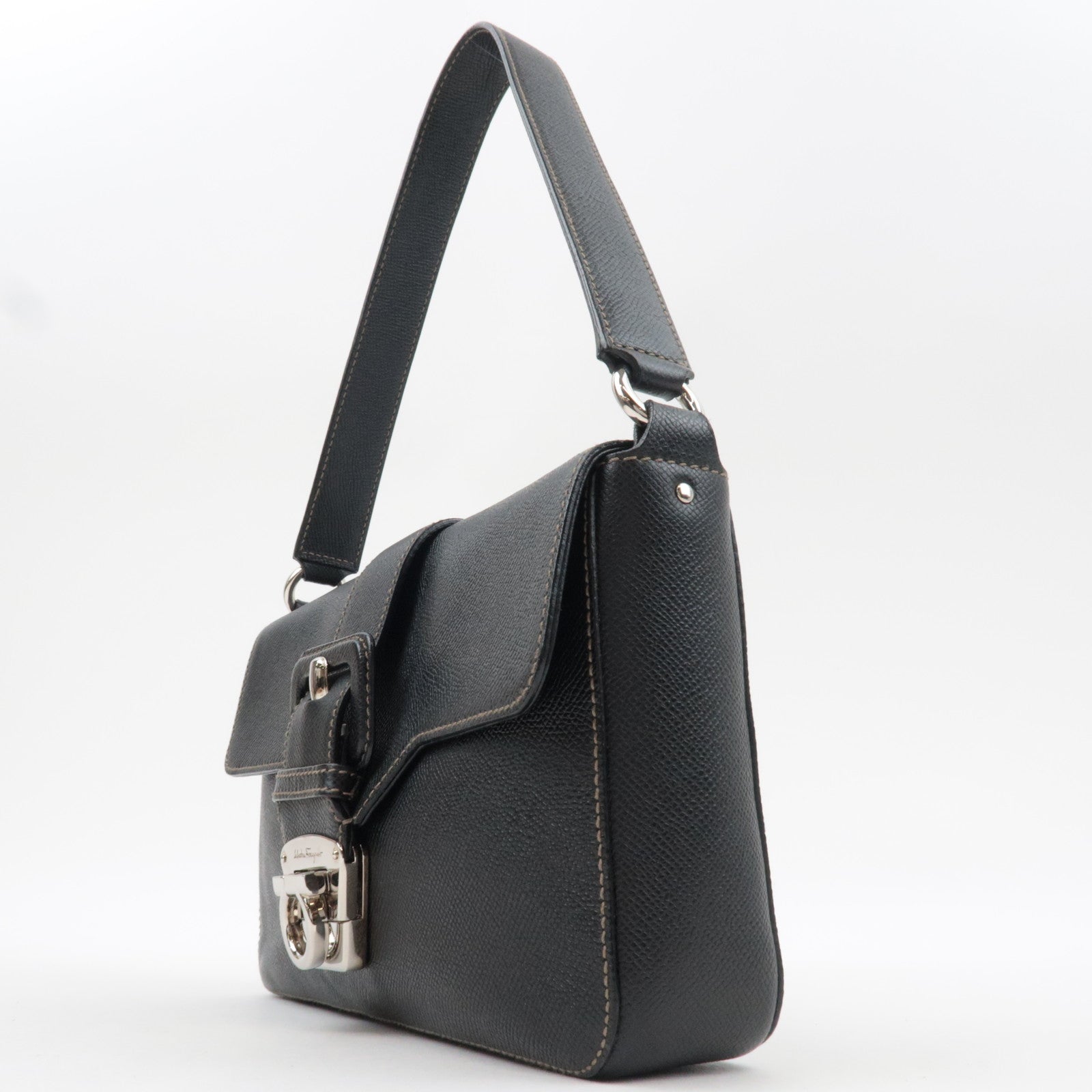 Ferragamo Gancini Shoulder Bag Leather Black Silver HDW