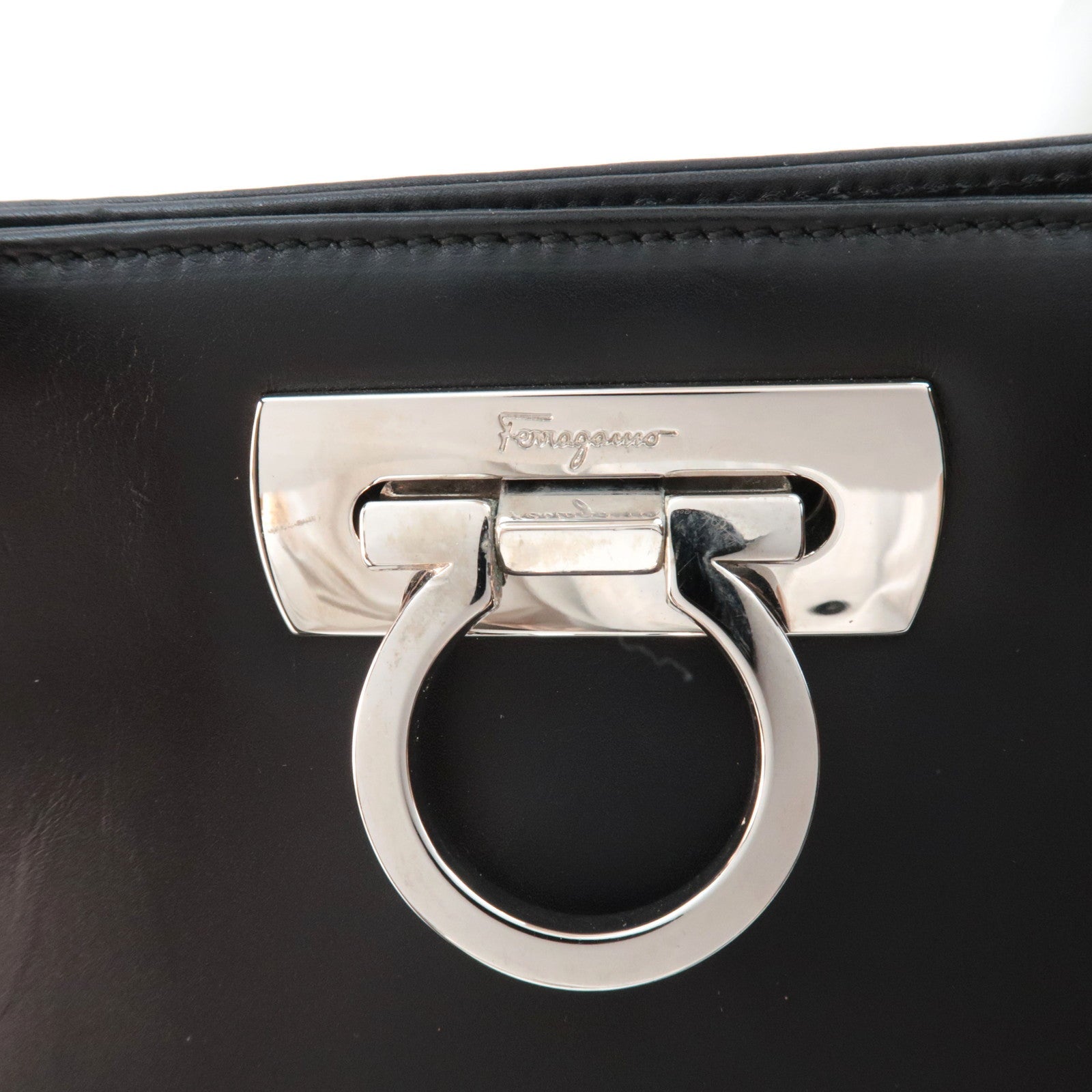 Ferragamo Gancini Tote Bag Leather Black Silver HDW