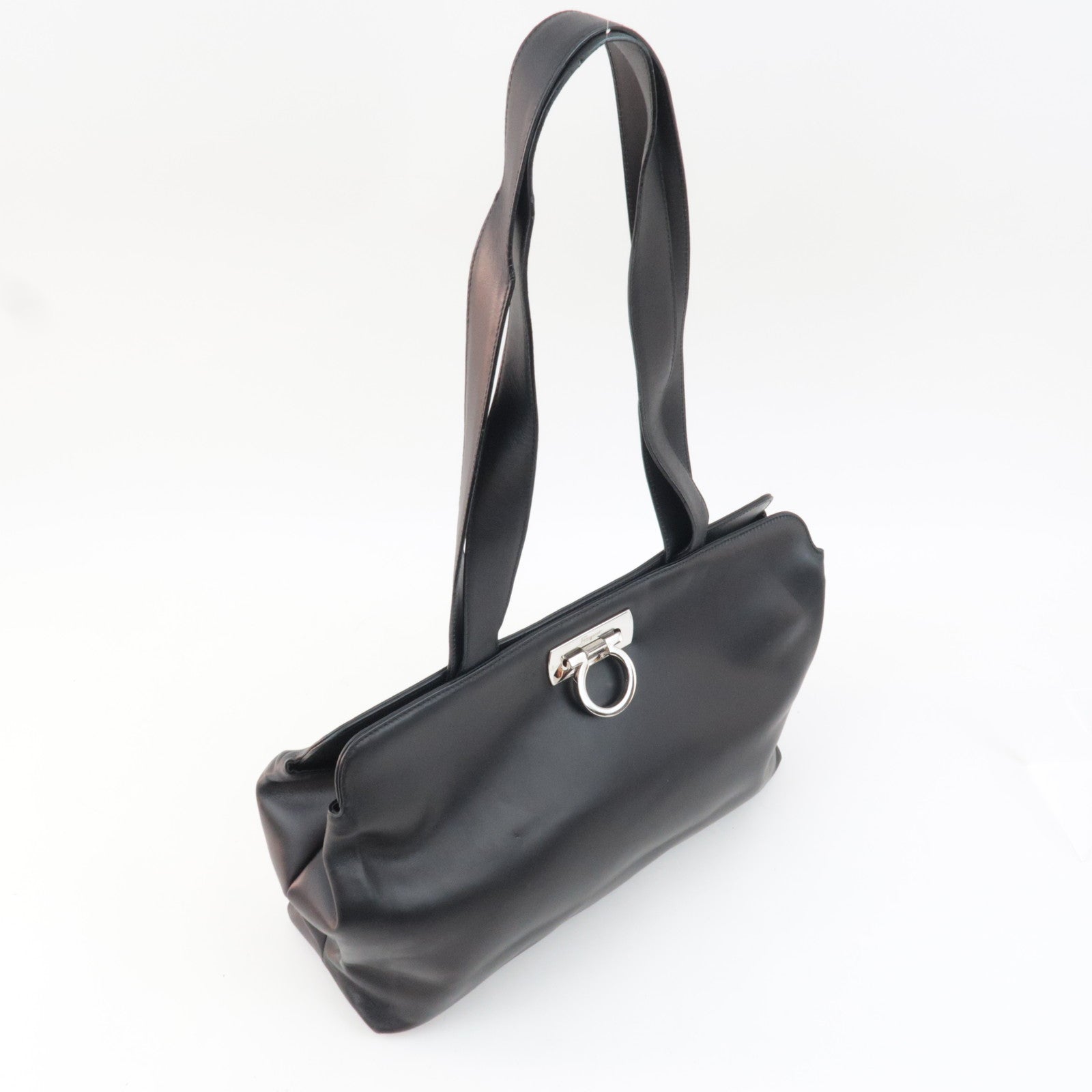 Ferragamo Gancini Tote Bag Leather Black Silver HDW