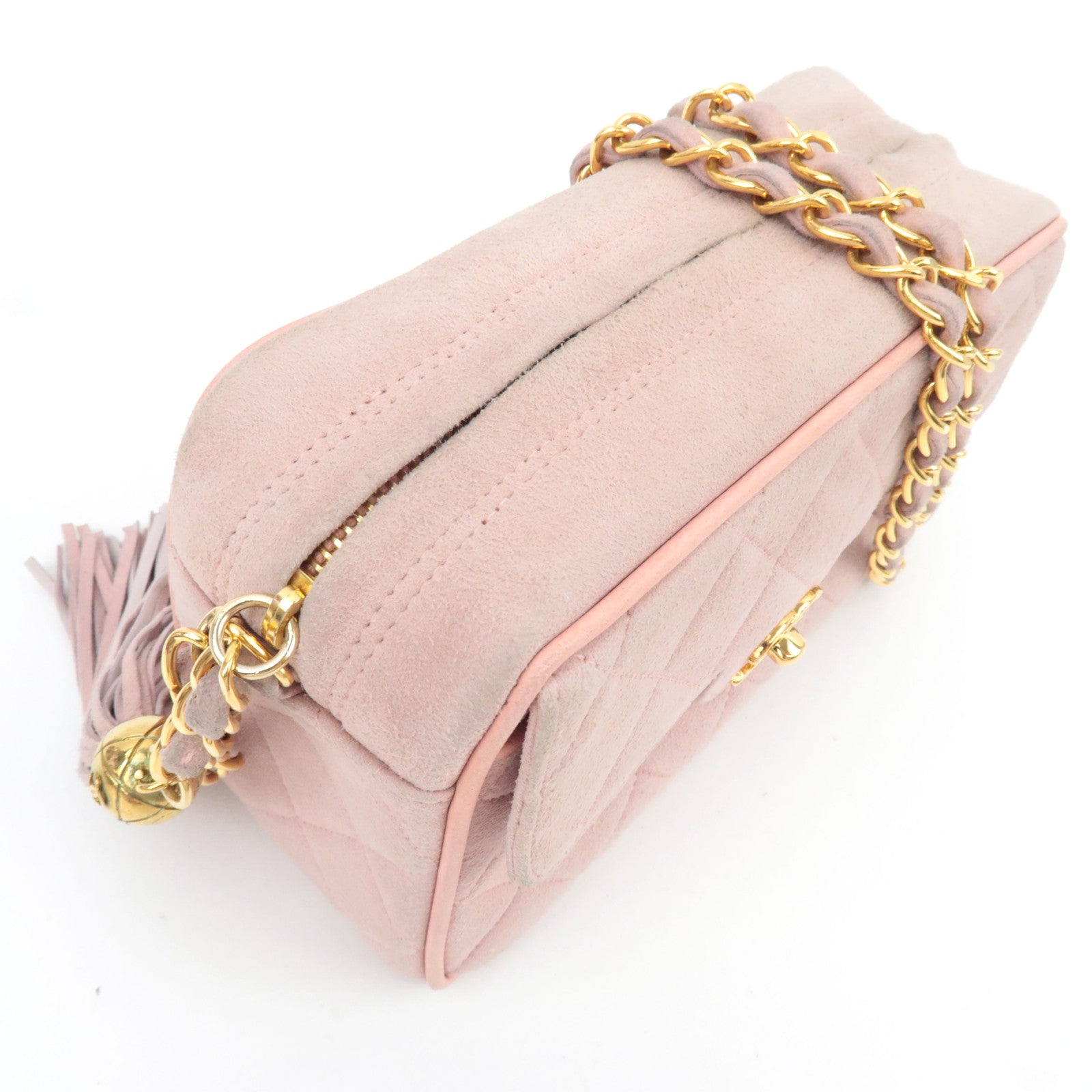 CHANEL Matelasse Fringe Chain Shoulder Bag Suede Pink Gold HDW