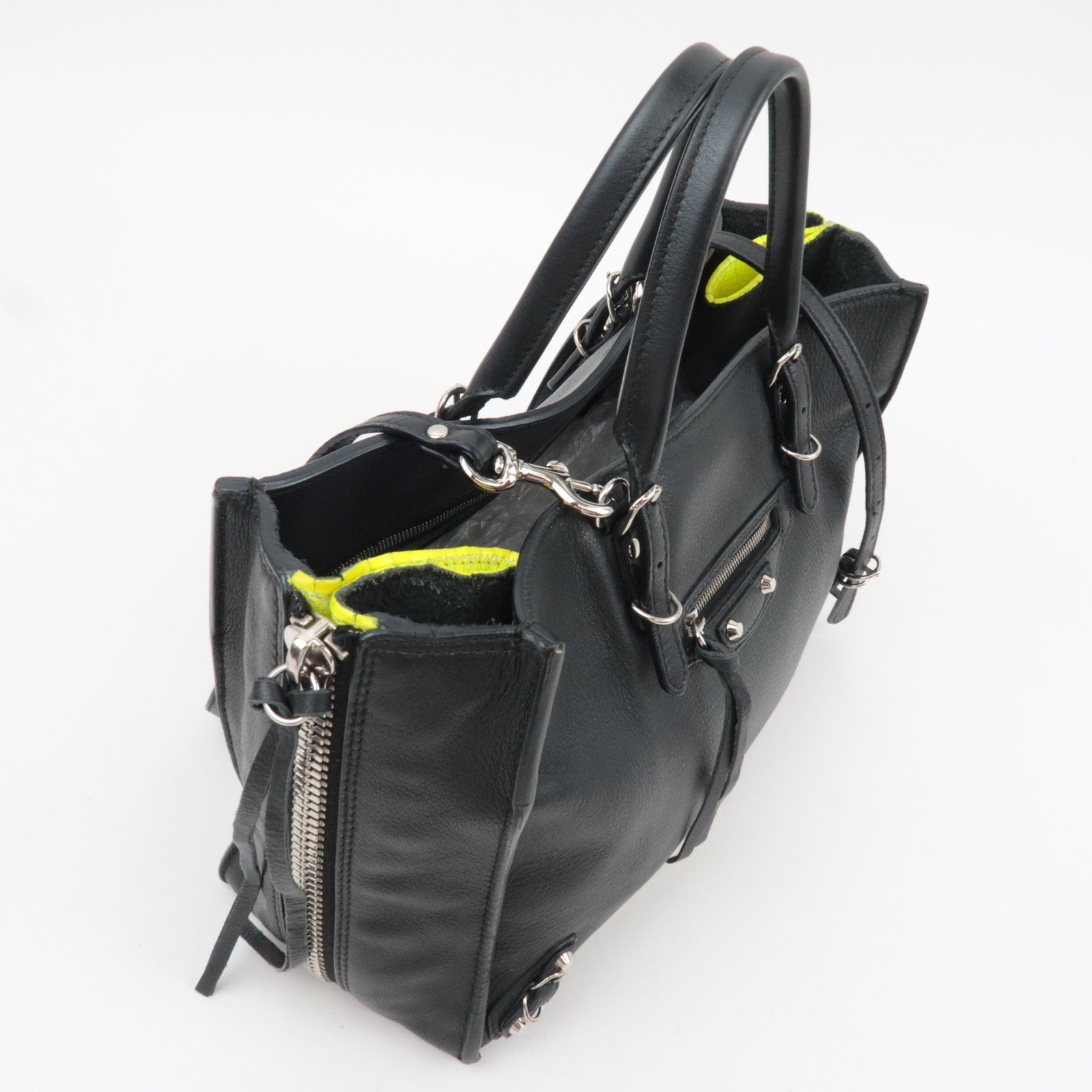 BALENCIAGA Paper A6 Zip-Around 2Way Bag Leather Black Neon Yellow 370926 *Strap