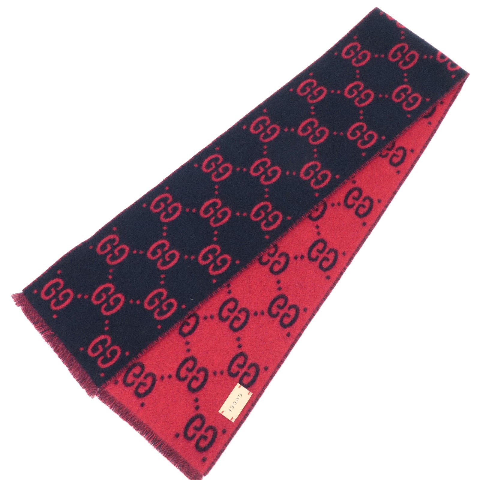 GUCCI GG Pattern Scarf 100% Wool Navy Red82122