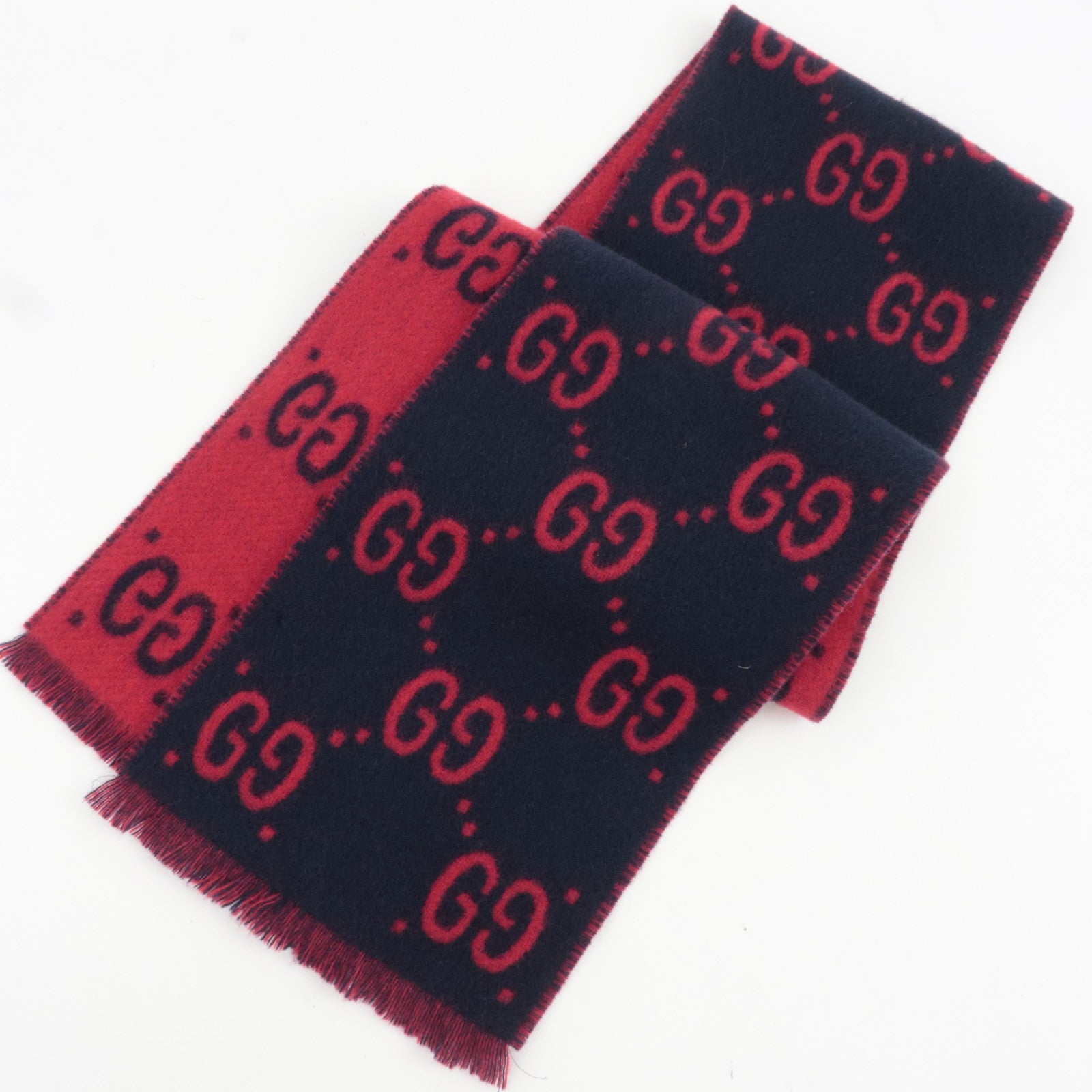 GUCCI GG Pattern Scarf 100% Wool Navy Red
