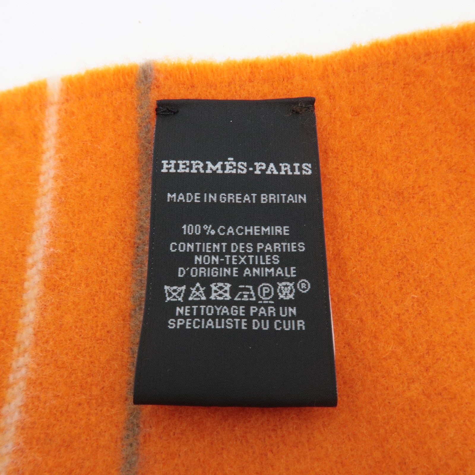 HERMES Neo Rocabar Striped Scarf Leather Tag 100% Cashmere Orange