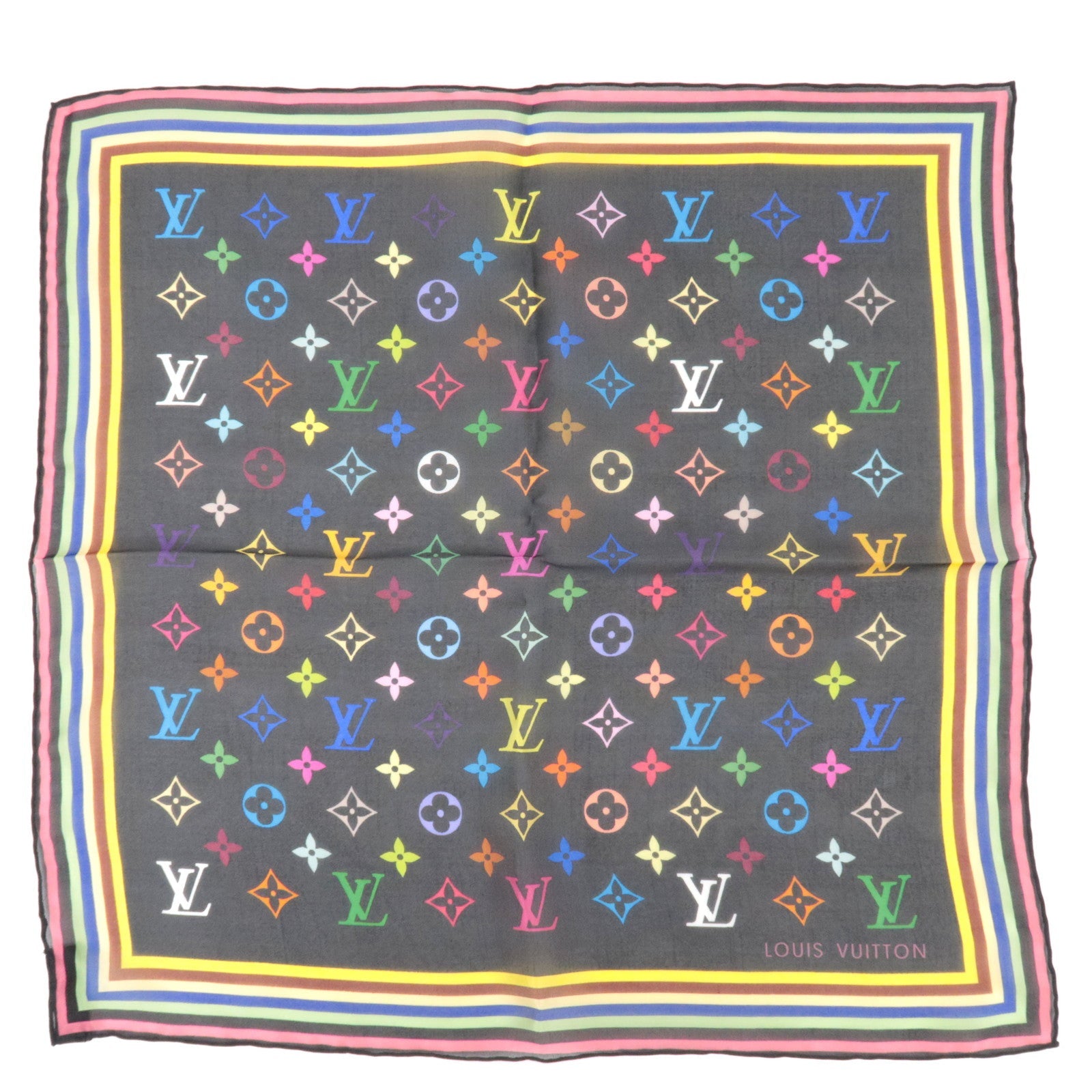 Louis Vuitton Monogram Multicolor Scarf 100% Silk Noir M71912 *Box82125