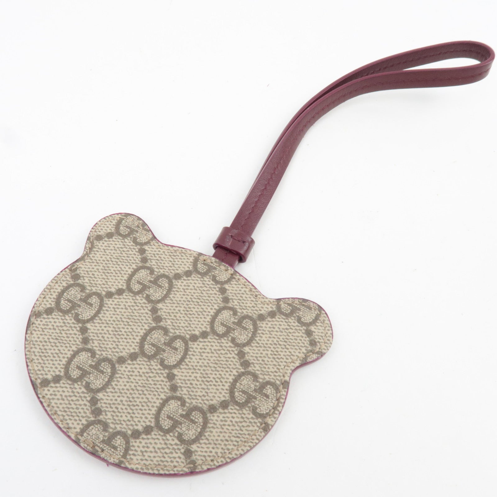 GUCCI Panda Shape Strap Bag Charm GG Supreme Leather Beige Bordeaux 821811