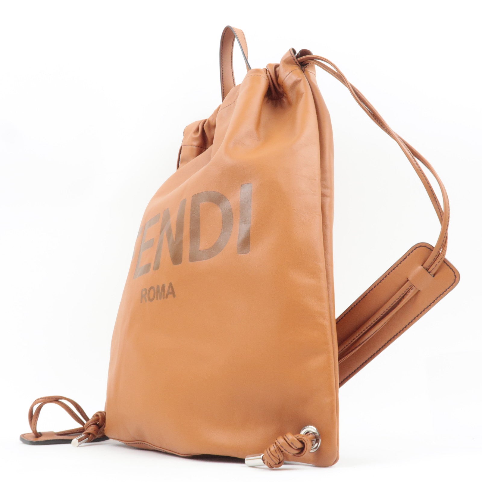 FENDI Logo Backpack Leather Brown 7VZ057