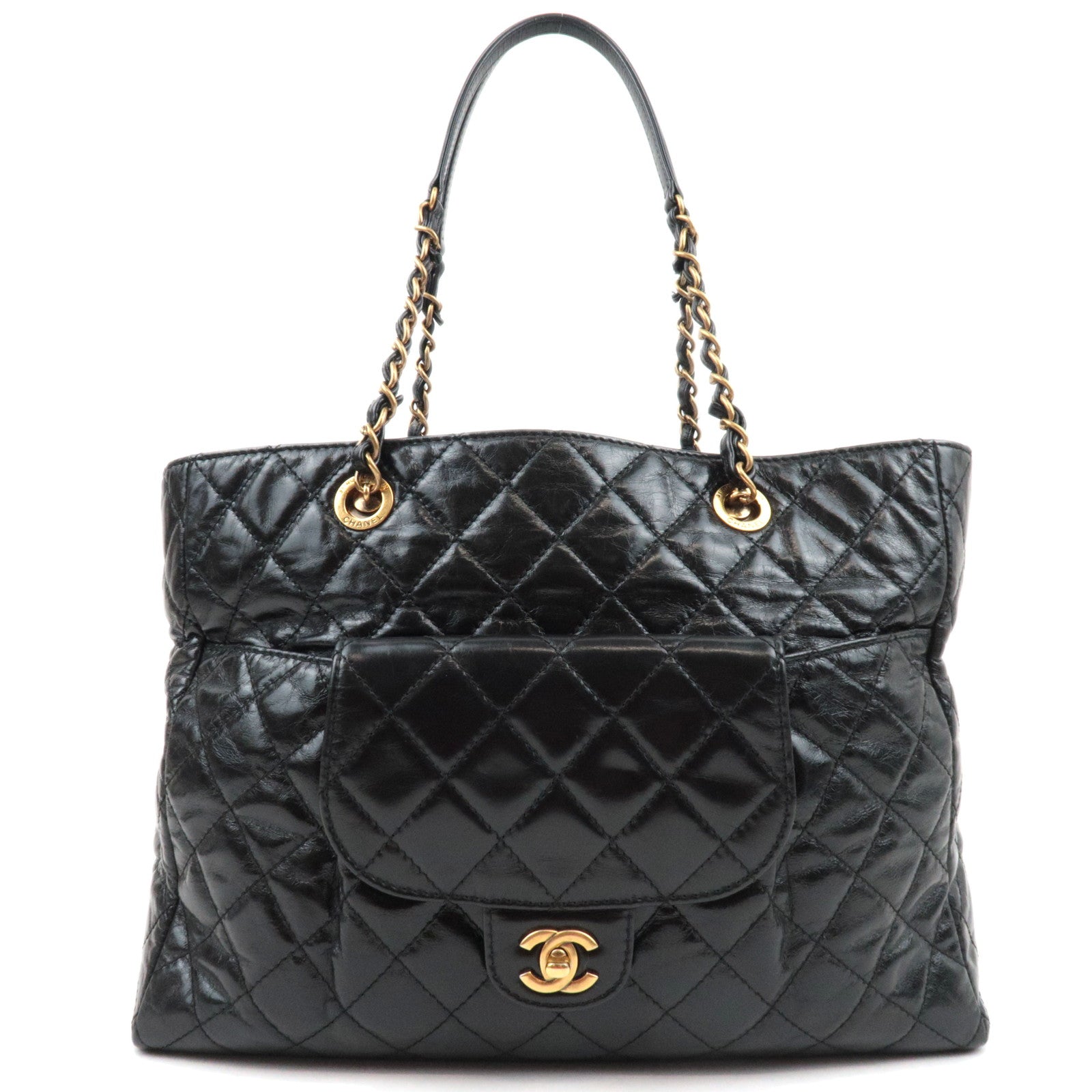 CHANEL Matelasse Chain Tote Bag Leather Black Gold HDW 2044965182163