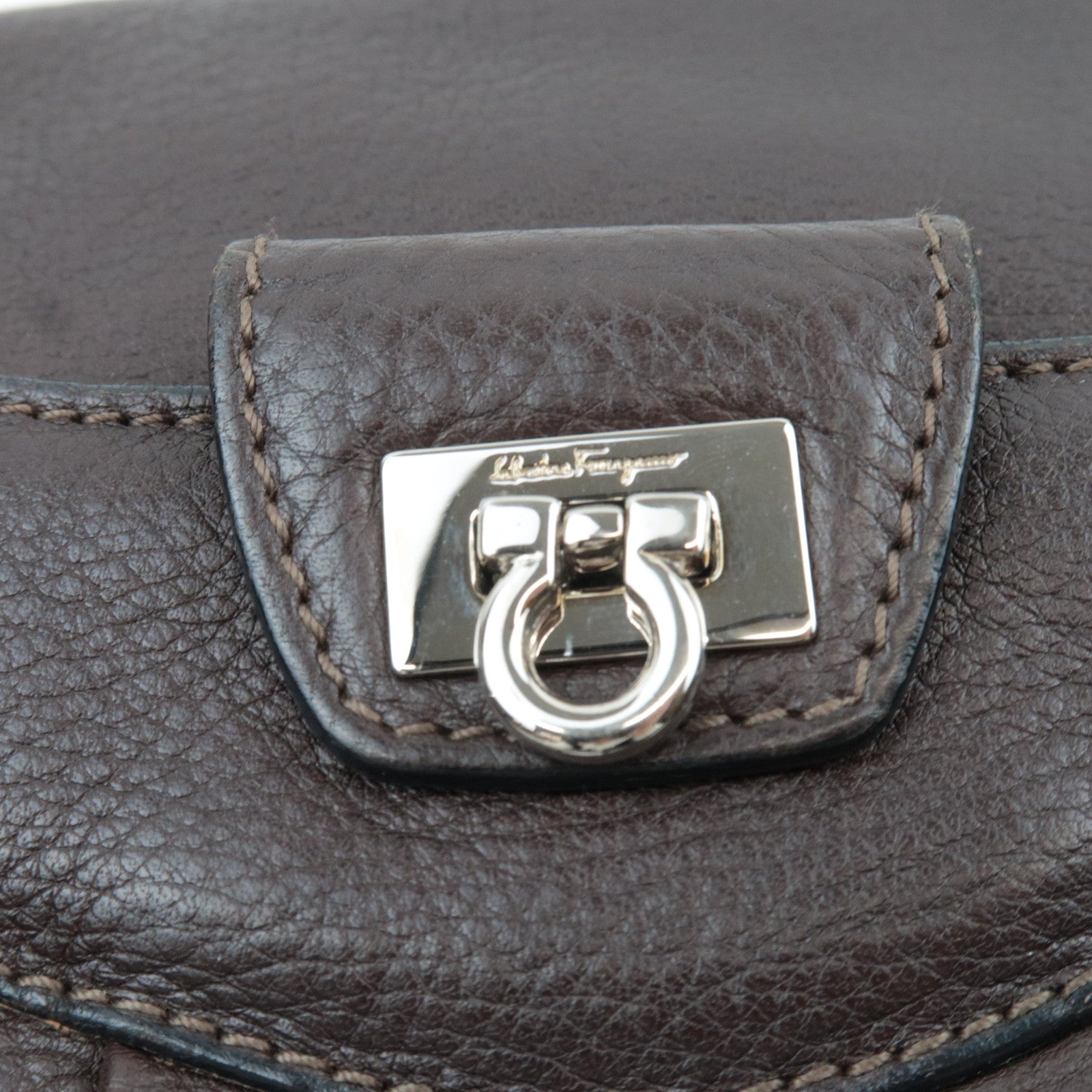 Ferragamo Gancini 2Way Handbag Leather Brown *Strap