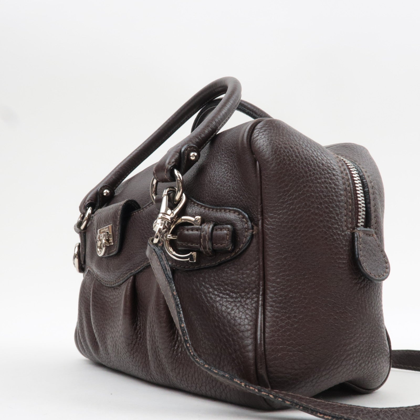 Ferragamo Gancini 2Way Handbag Leather Brown *Strap