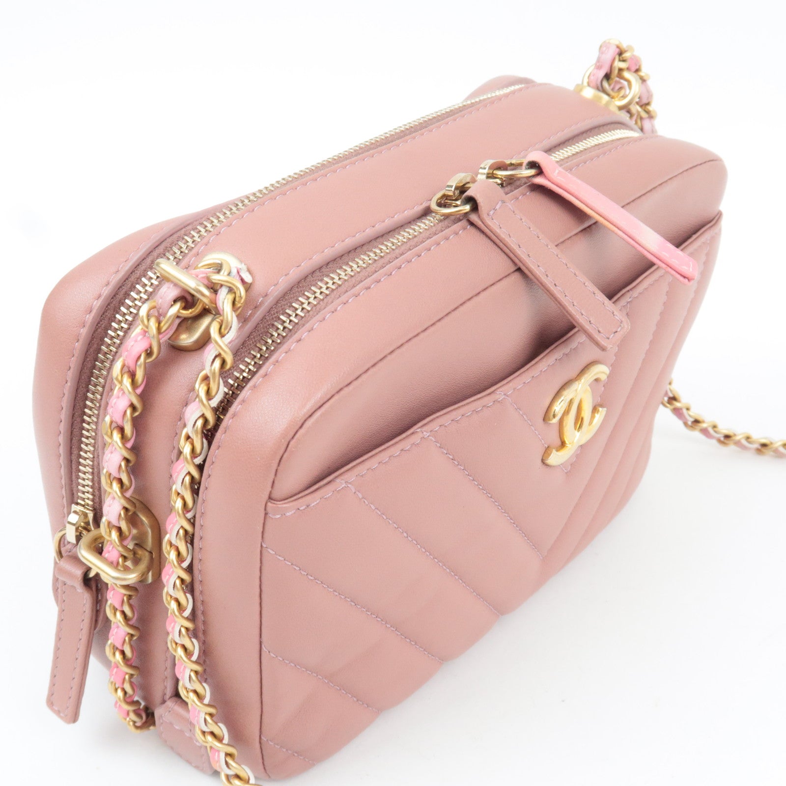 CHANEL Chevron V Stitch Chain Shoulder Bag Lambskin Pink Gold HDW 25302297