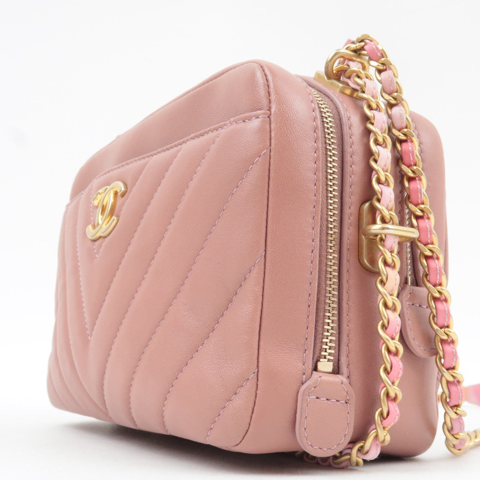 CHANEL Chevron V Stitch Chain Shoulder Bag Lambskin Pink Gold HDW 25302297