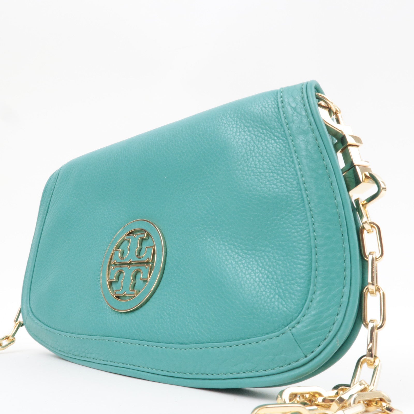 TORY BURCH 2Way Chain Shoulder Bag Clutch Bag Leather Turquoise *Dust bag