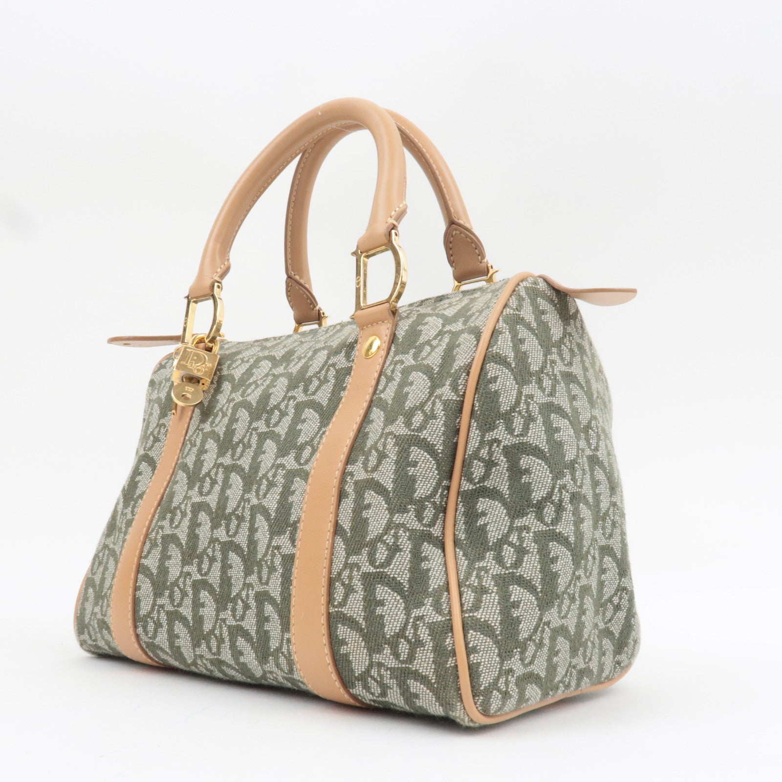 Christian Dior Trotter Boston Bag Canvas Leather Green *Key Lock