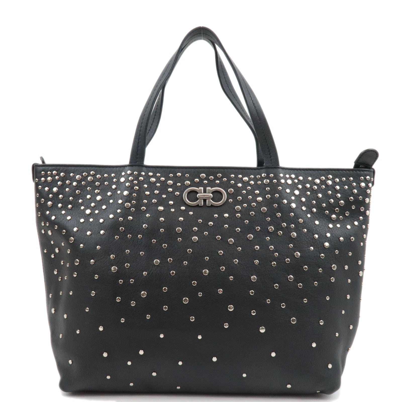 Ferragamo Gancini Studded Tote Bag Leather Black *Dust bag82237