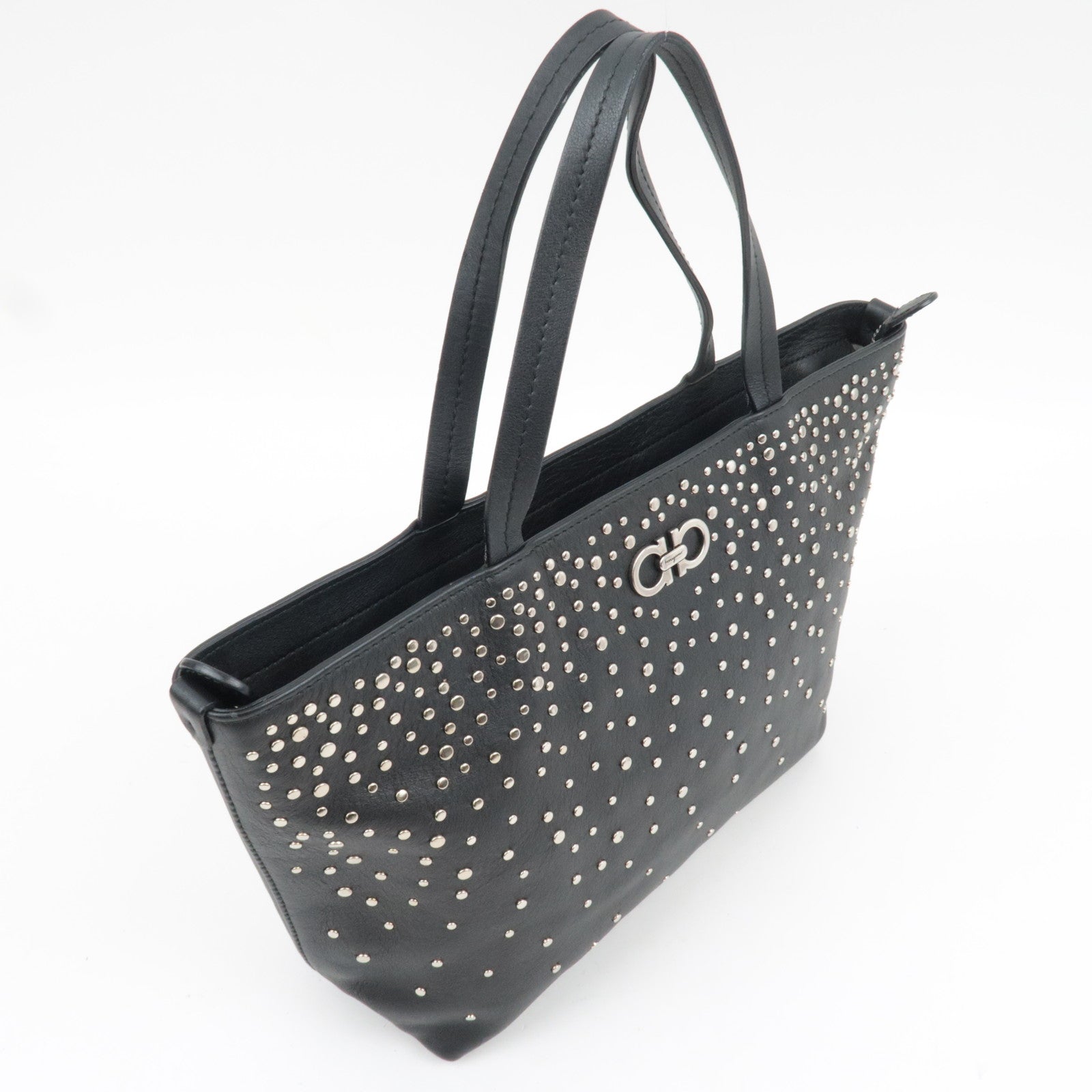 Ferragamo Gancini Studded Tote Bag Leather Black *Dust bag