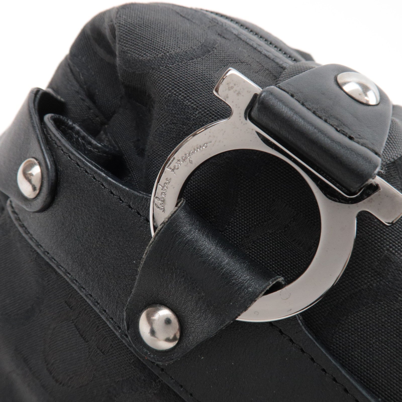 Ferragamo Gancini Shoulder Bag Canvas Leather Black