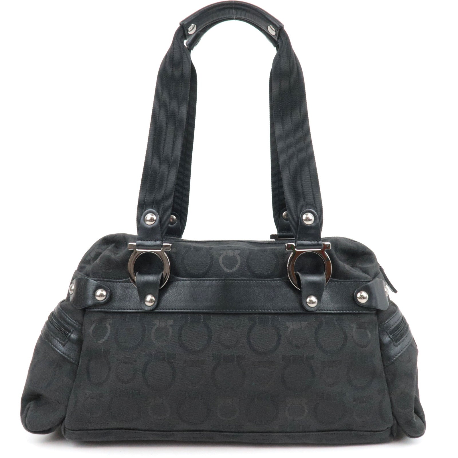 Ferragamo Gancini Shoulder Bag Canvas Leather Black