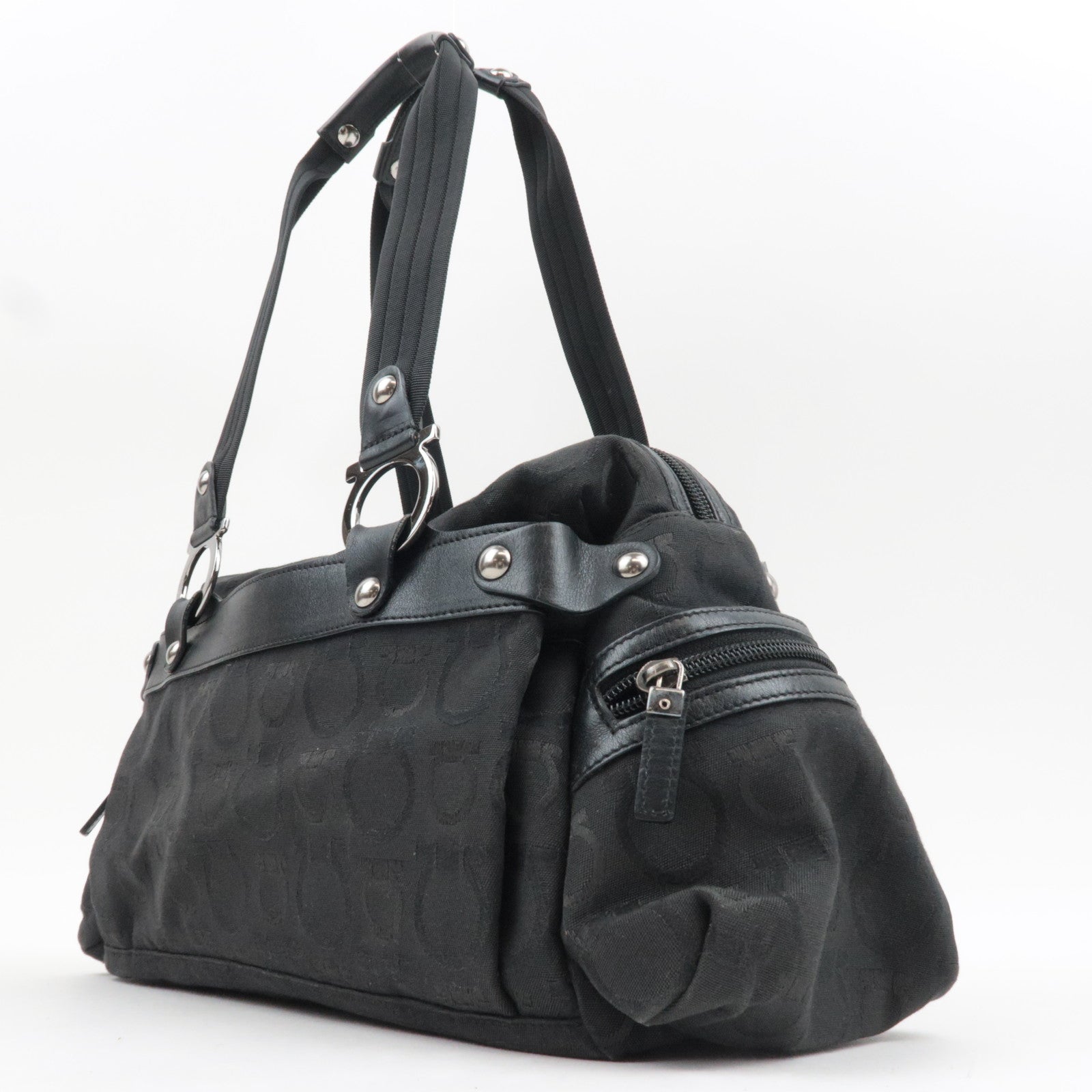 Ferragamo Gancini Shoulder Bag Canvas Leather Black